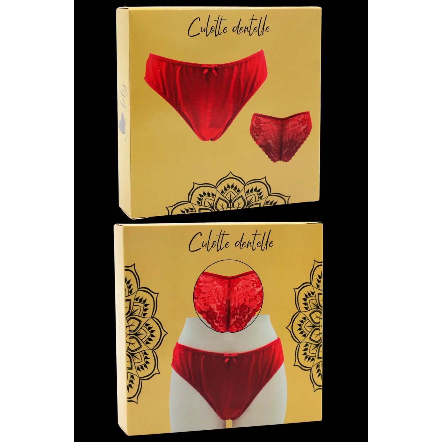 Culotte rouge dentelle florale, nœud satin, devant opaque, dos transparent, coupe échancrée, élégance féminine.