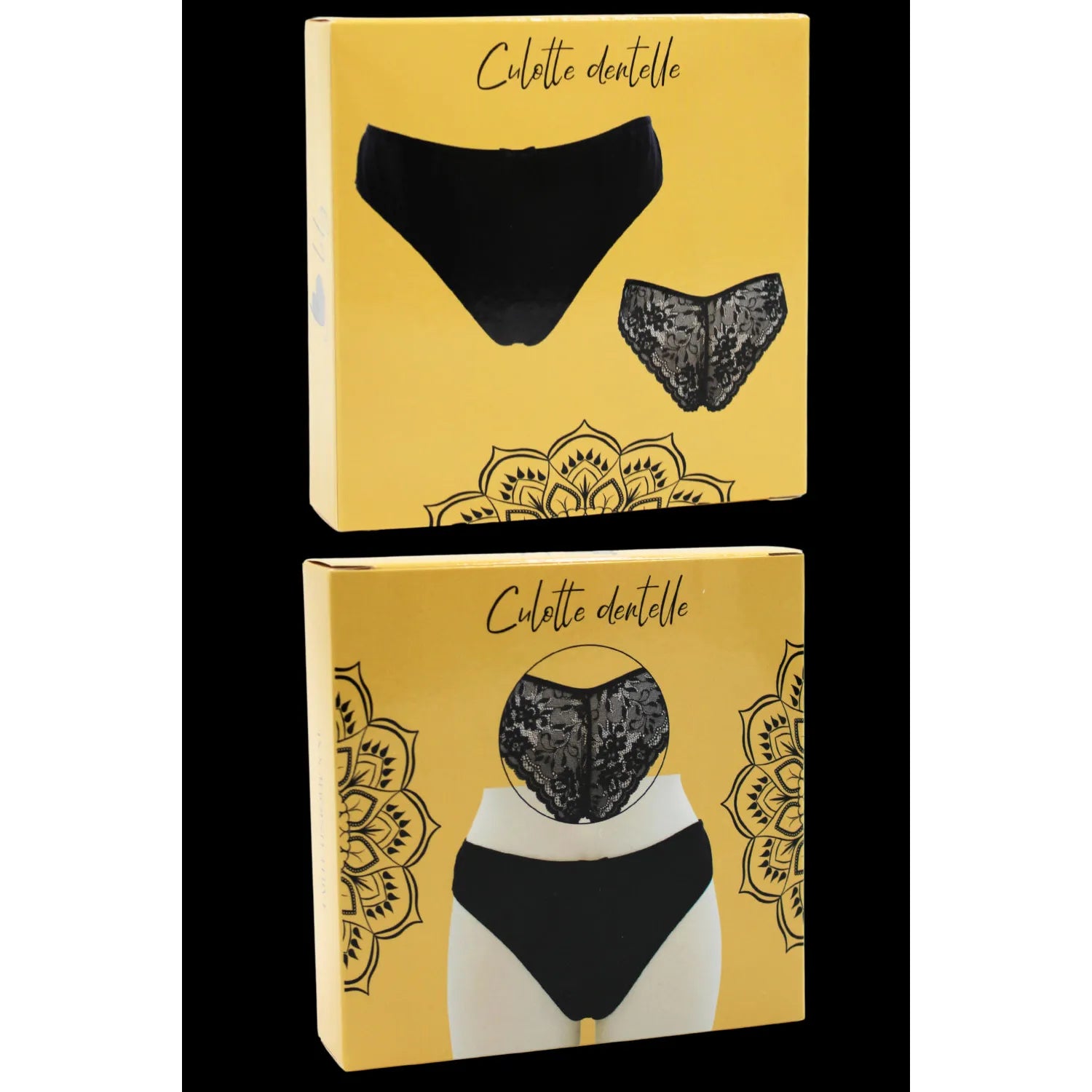 Culotte dentelle noire avec nœud satin, avant opaque, arrière floral transparent, élégante et confortable, tailles S-XL.