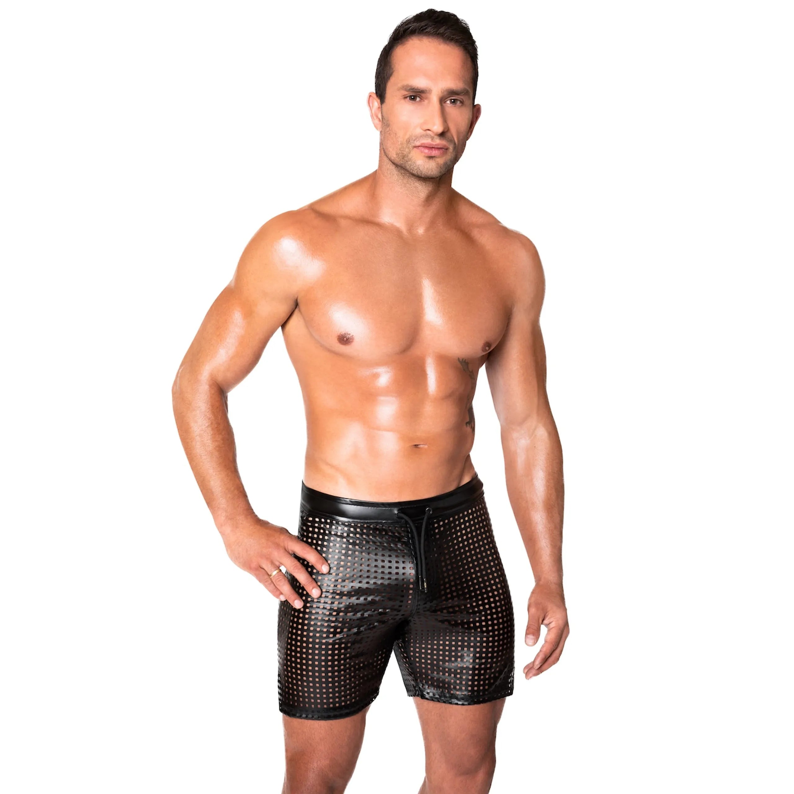Short cycliste wetlook élastique perforé laçage brillant fête événement
