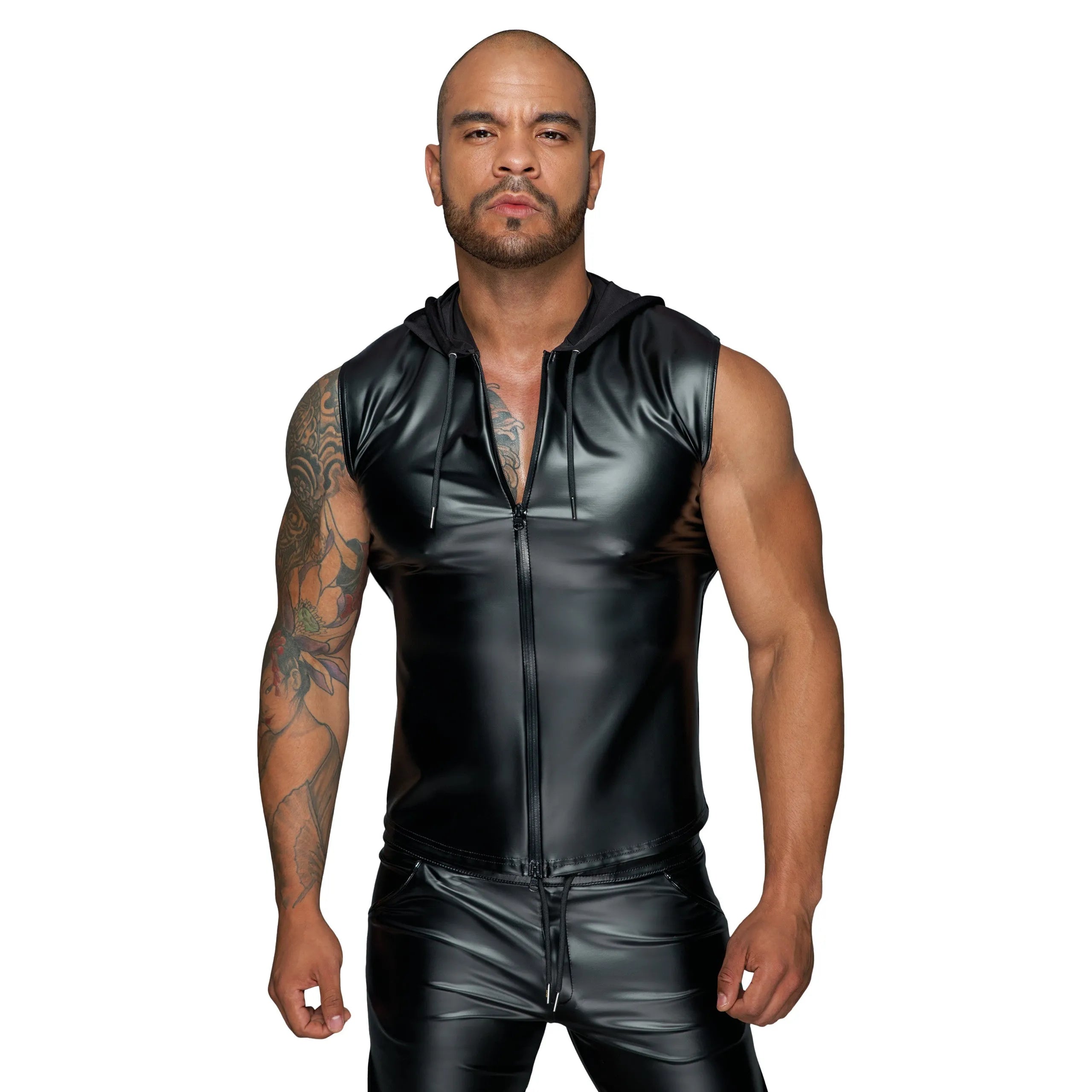 Chemise sans manches effet laqué extensible capuche fermeture éclair double sens noire moulante brillante moderne sophistiquée confortable
