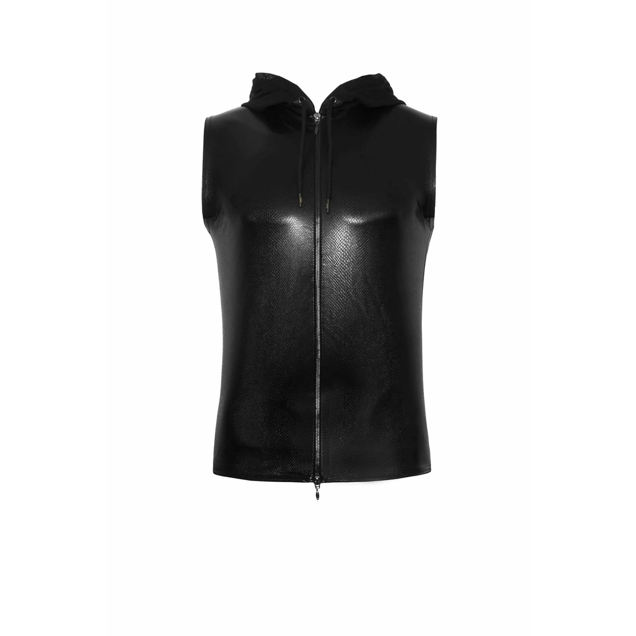 haut sans manches homme effet serpent capuche transparente enduit brillant fermeture eclair moulant extensible polyester elasthanne noir audacieux
