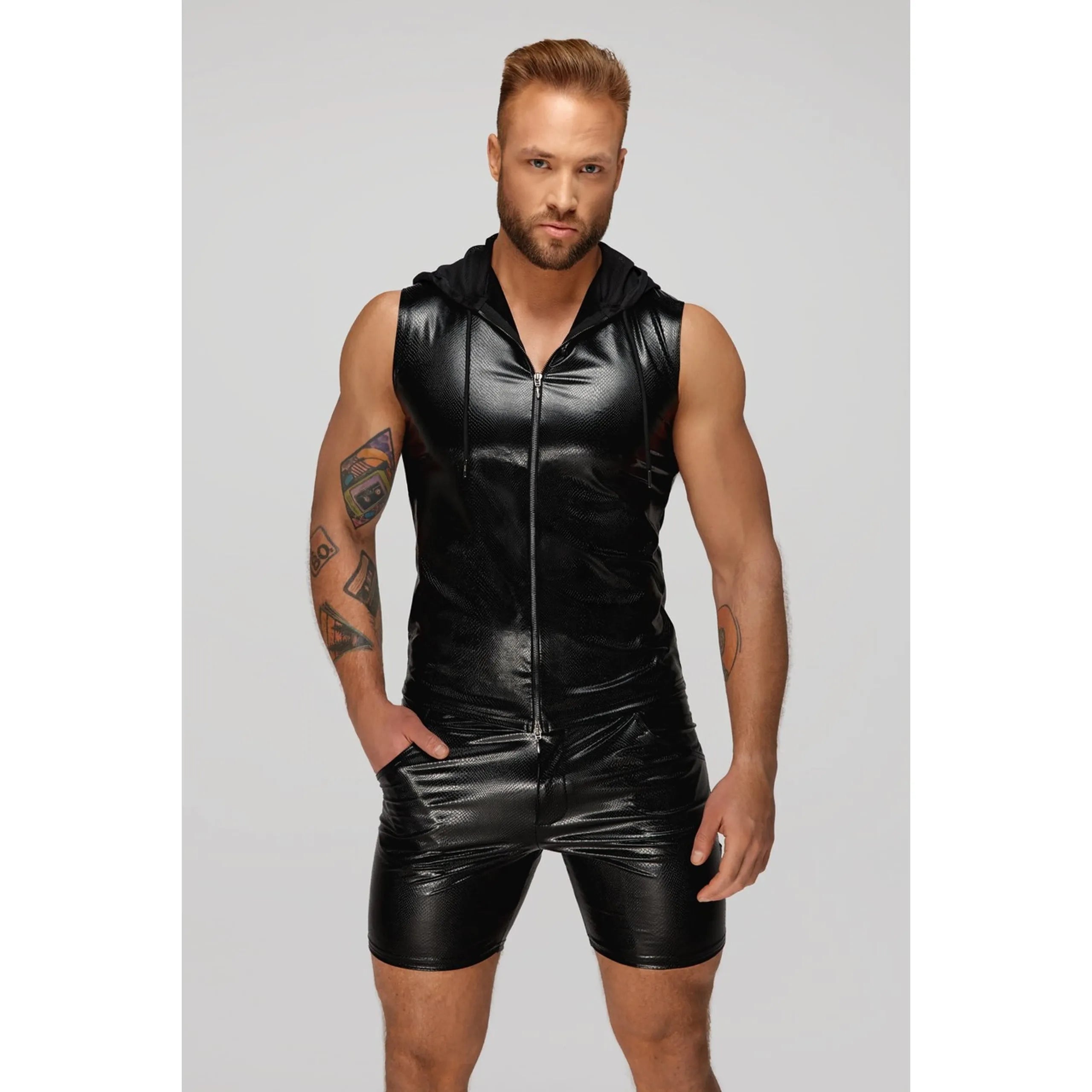 haut sans manches homme effet serpent capuche transparente enduit brillant fermeture eclair moulant extensible polyester elasthanne noir audacieux