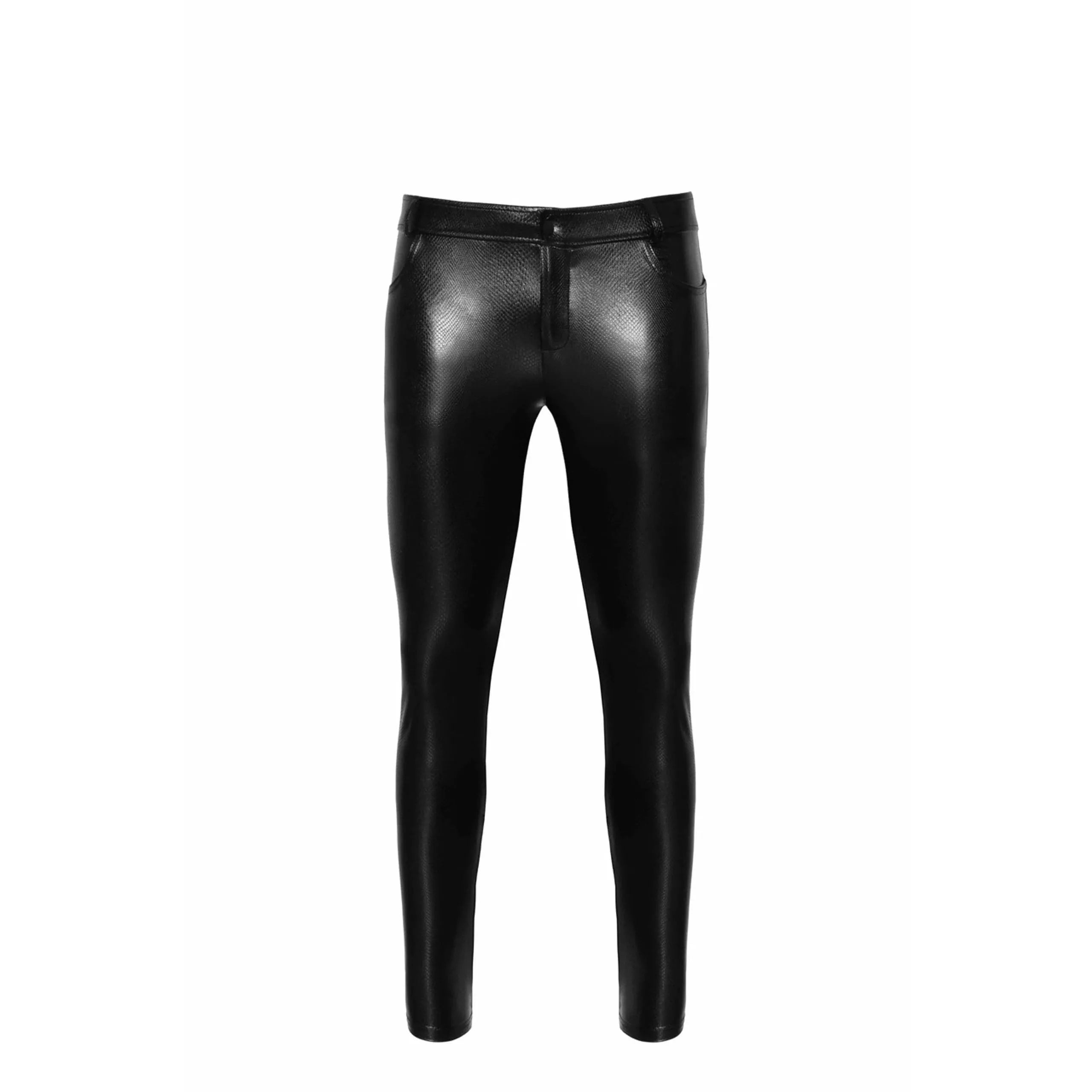 pantalon homme effet serpent fermeture éclair polyester élasthanne poches arrière noir cintré extensible brillant sexy soirée résistant entretien facile