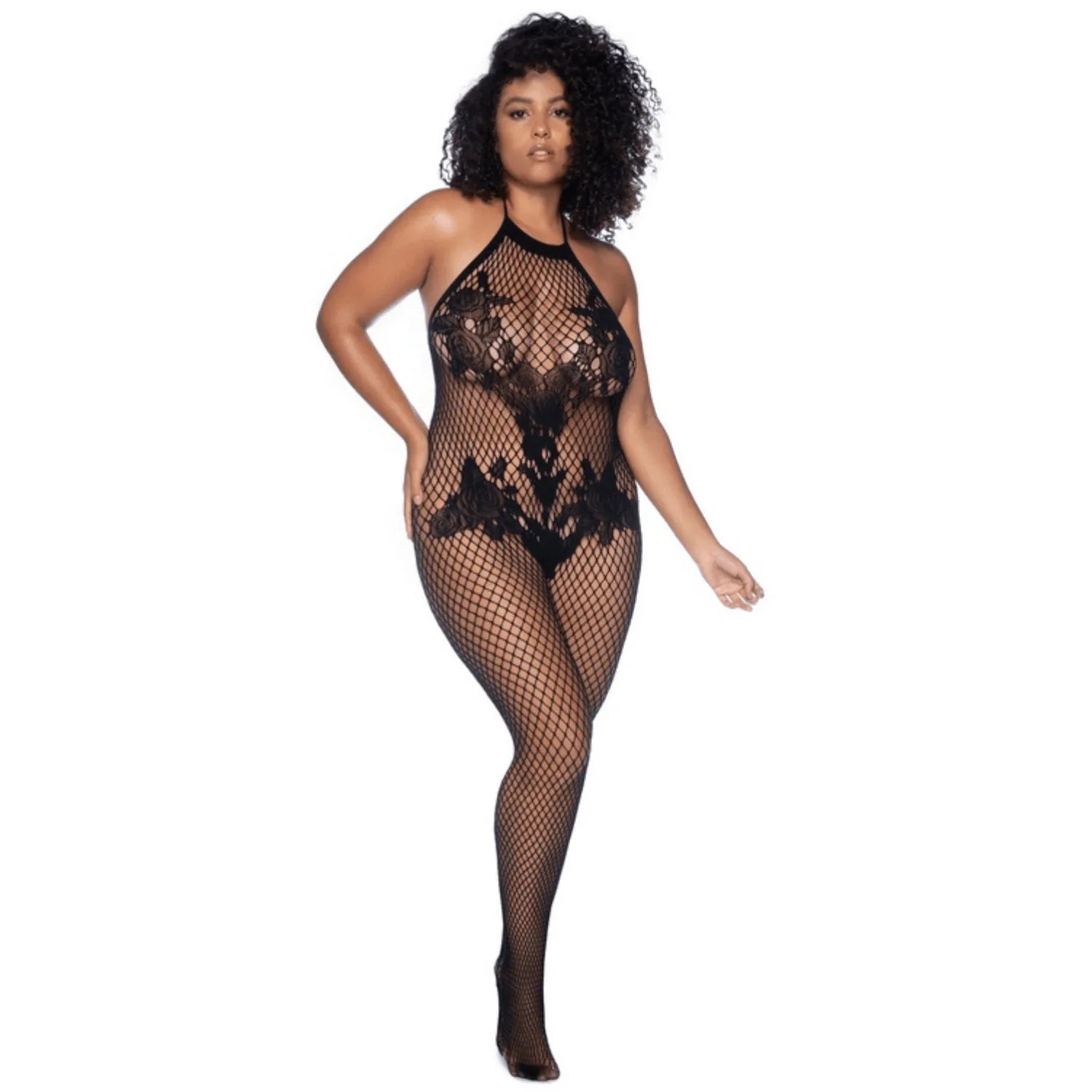 combinaison grande taille résille noire motifs floraux seconde peau dos échancré ouvert entrejambe extensible confortable ajustée séduisante raffinée