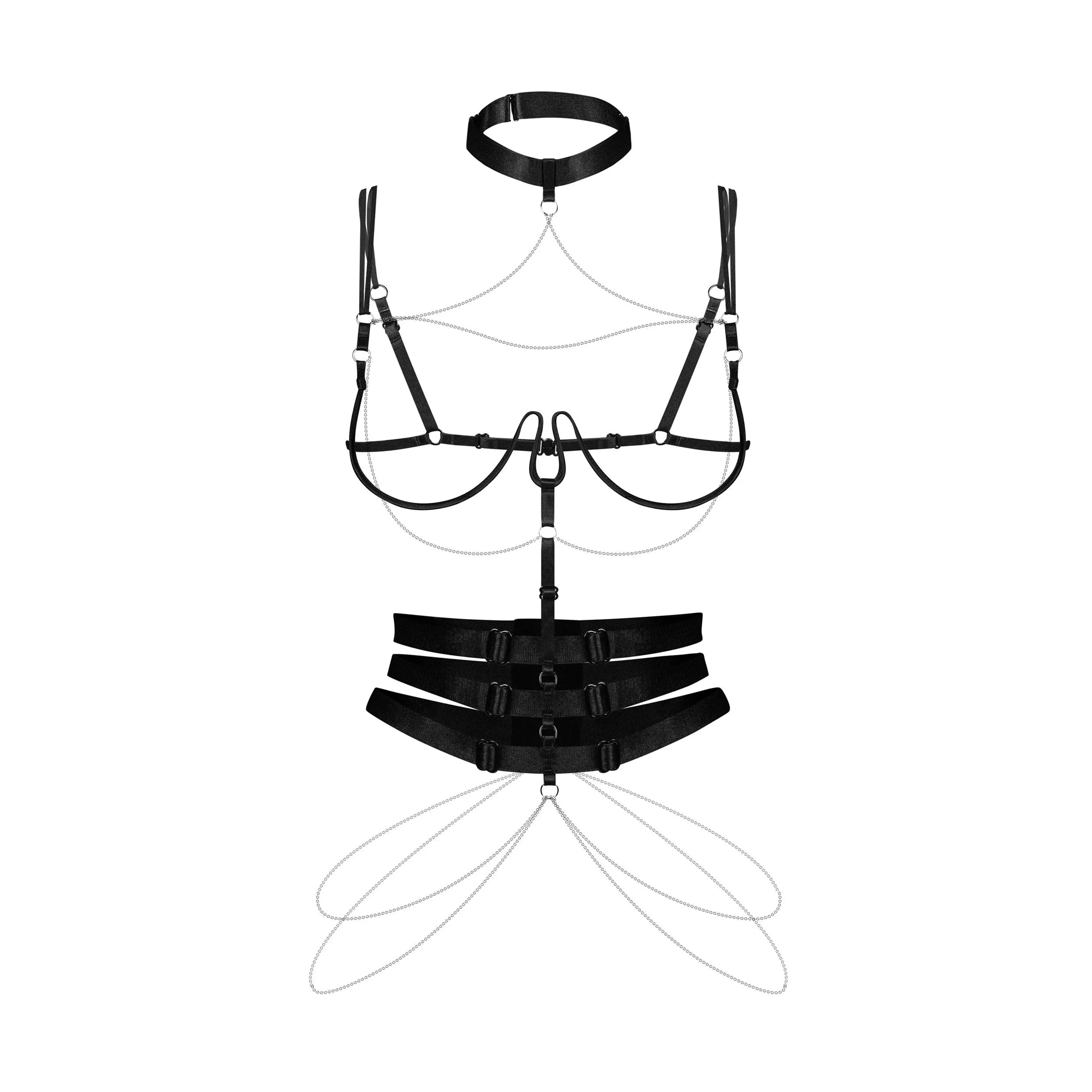 Harnais noir ajustable avec chaînes décoratives, design ouvert, dessous poitrine désossé, bretelles réglables, style sophi...