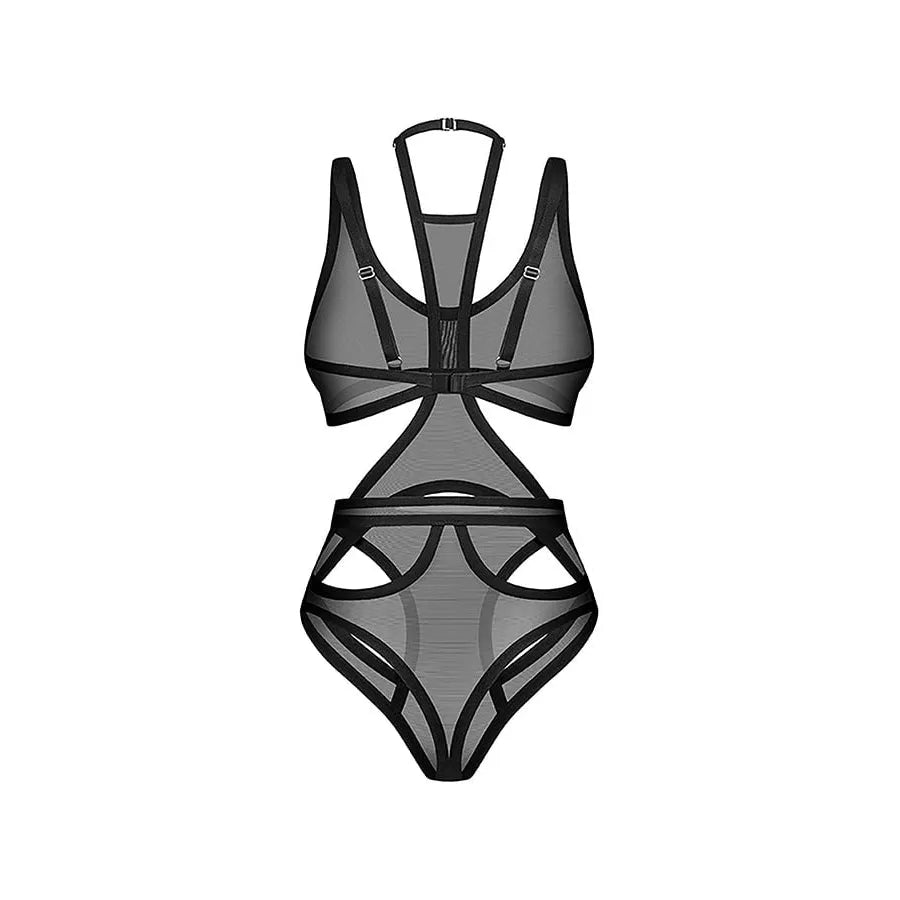 Mercuris body noir maille transparente découpes géométriques ajustable hypoallergénique sans nickel sangles réglables fermeture crochet pendentif ornemental élégant audacieux