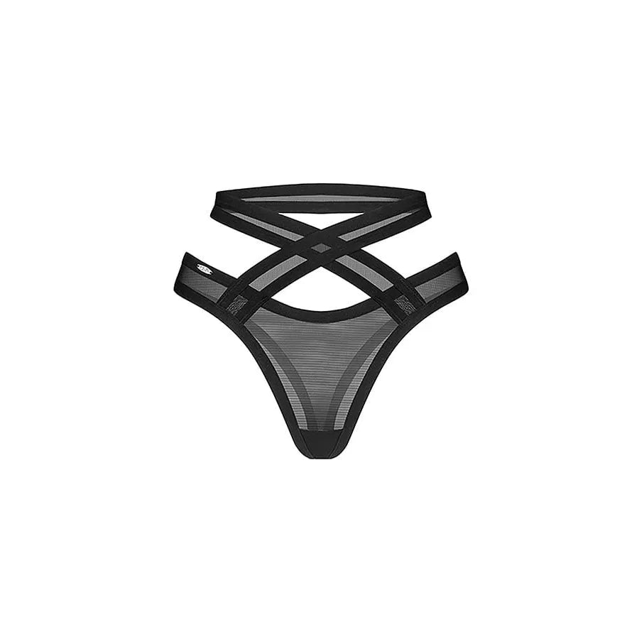 Mercuris string noir maille transparente taille croisée minimaliste sensuel sophistiqué confortable hypoallergénique sans nickel pendentif raffiné européen soignée
