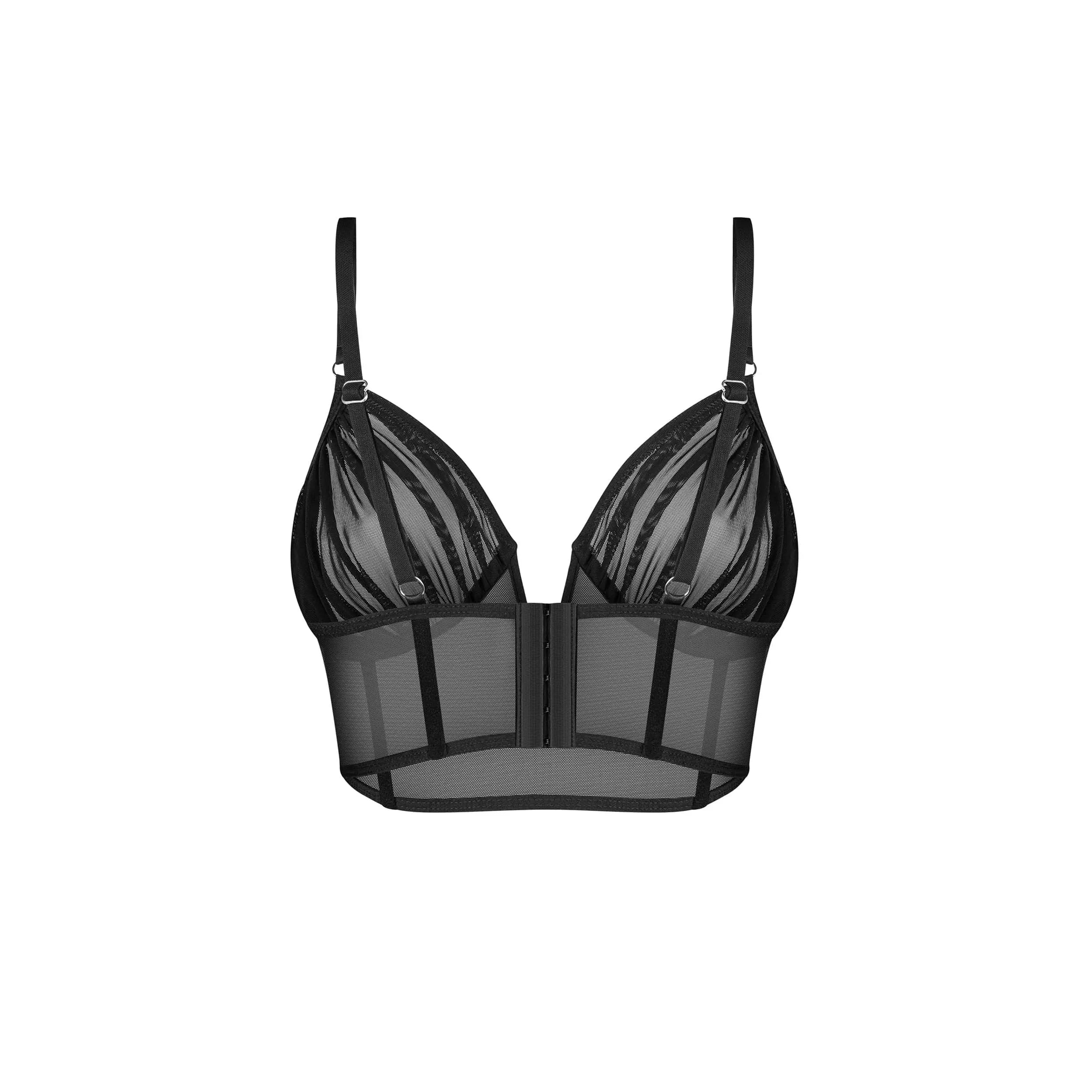 Haut noir sculptant Aurorium, col V plongeant, maille transparente, baleines verticales, bretelles réglables.