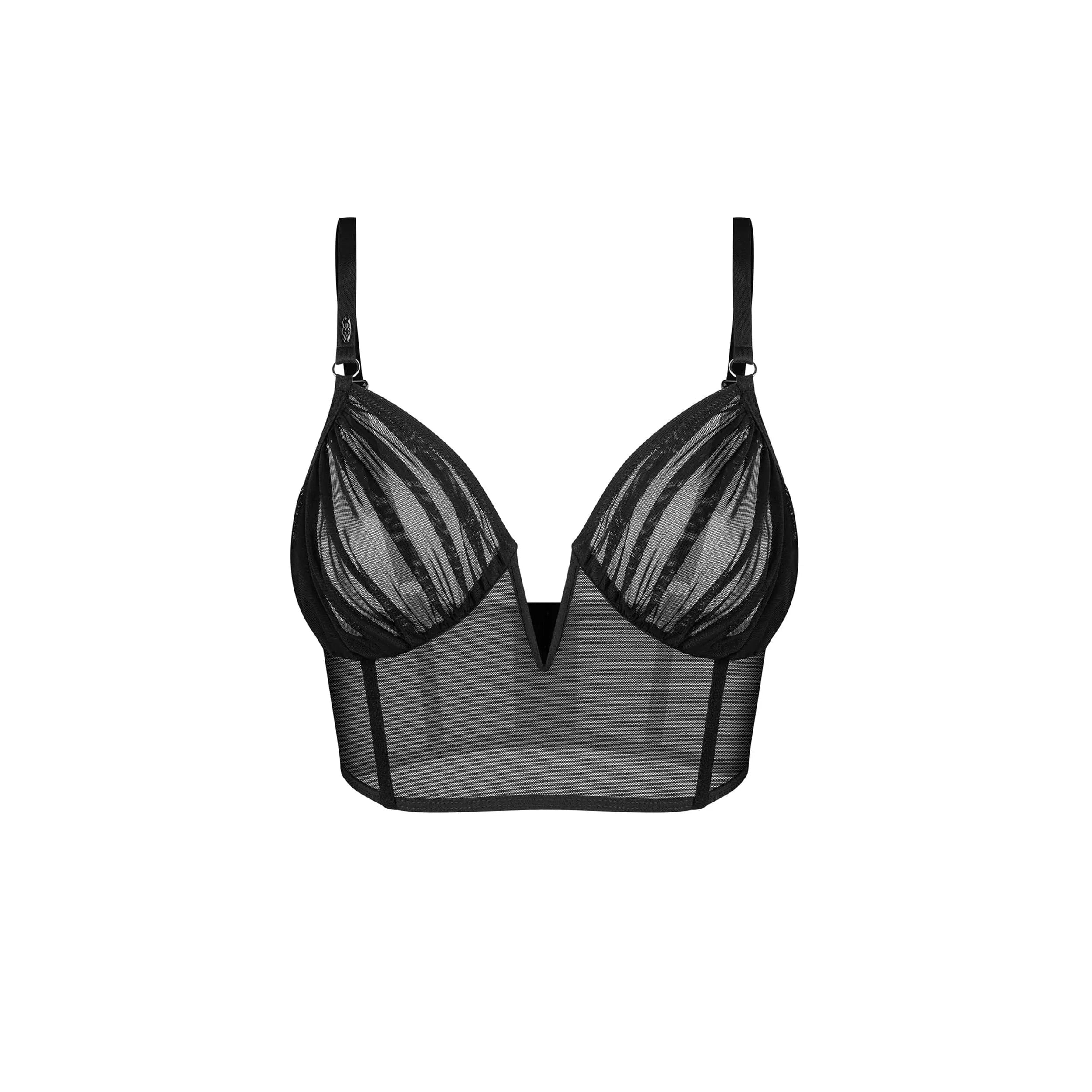 Aurorium haut sculptant noir col V plongeant maille transparente hypoallergénique sans nickel baleines verticales bretelles réglables fermeture multiniveaux