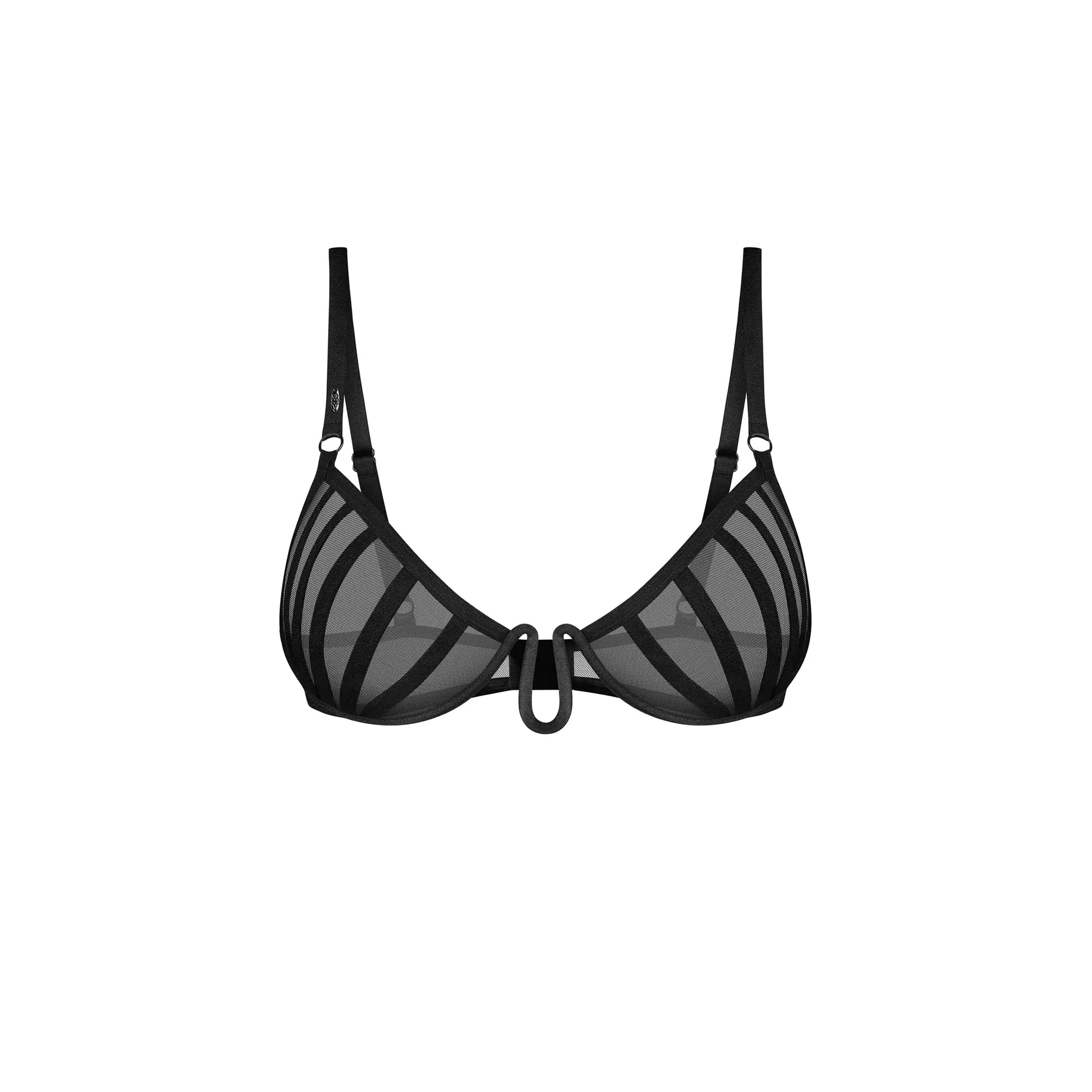 demi soutien gorge noir Aurorium couture géométrique design avantgardiste hypoallergénique armature artistique maintien optimal filet transparent bretelles réglables