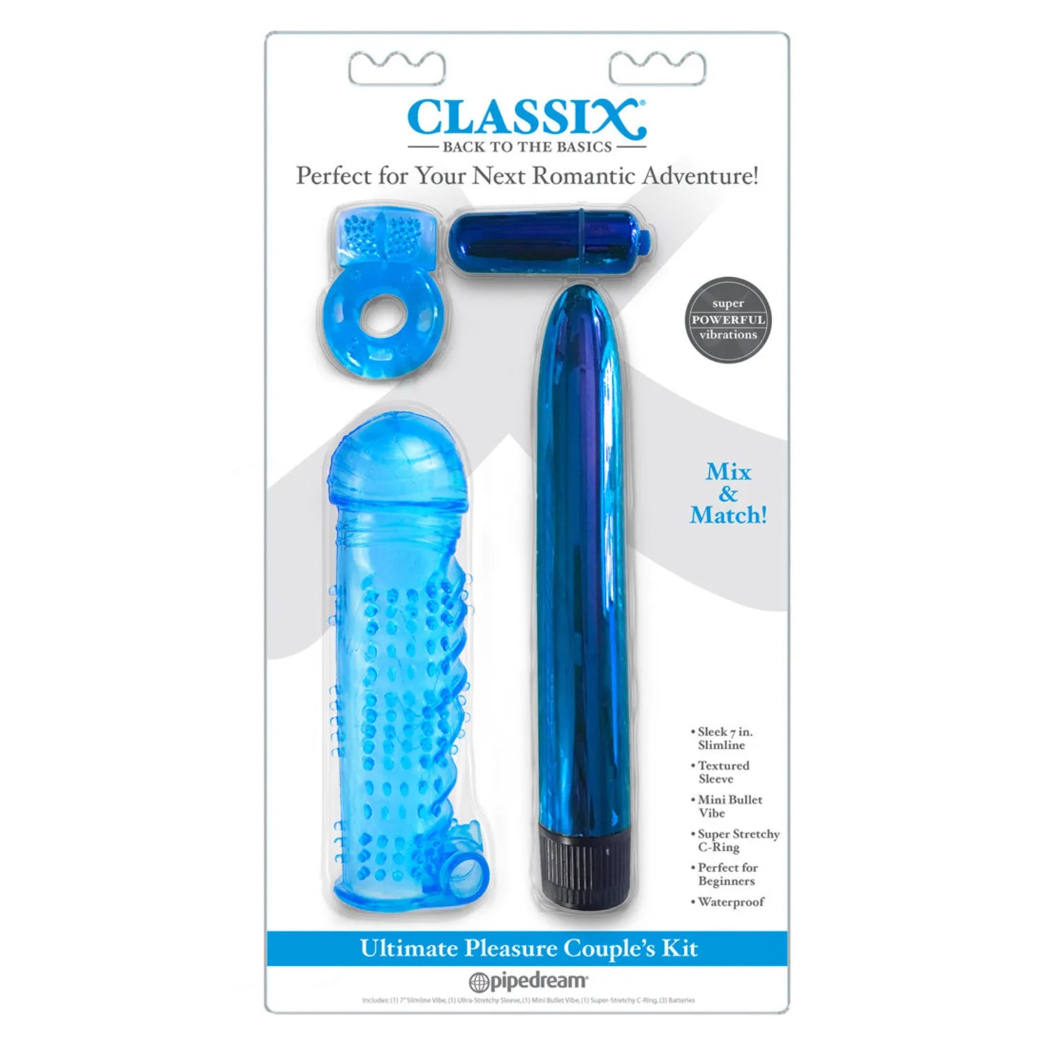 Coffret sextoys bleu 4 pièces: vibrateur, manchon, vibro bullet, anneau pénien en ABS et TPE pour stimulation ciblée.