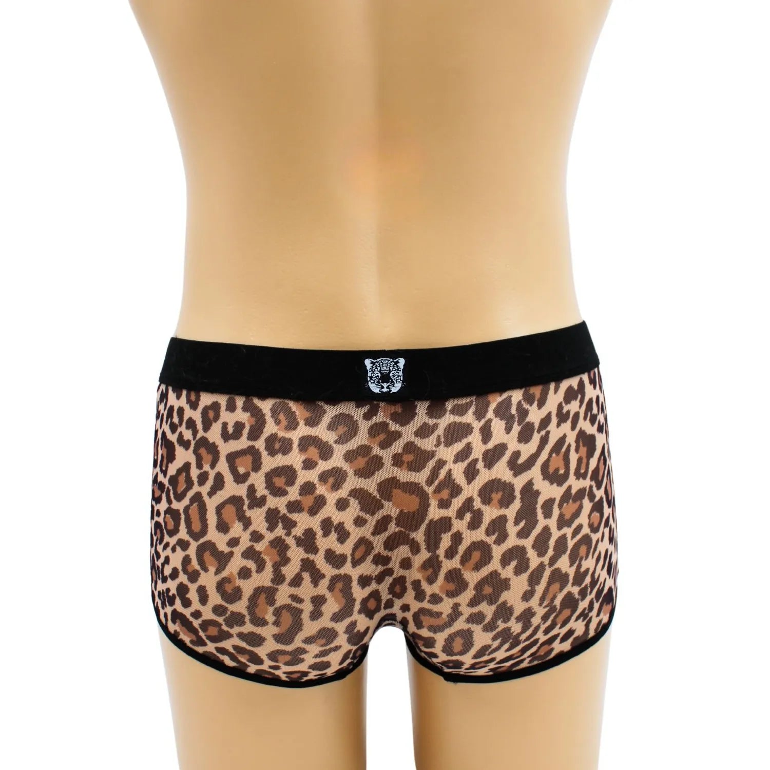 Boxer résille transparent léopard, ceinture élastique noire, style urbain audacieux, silhouette sublimée.