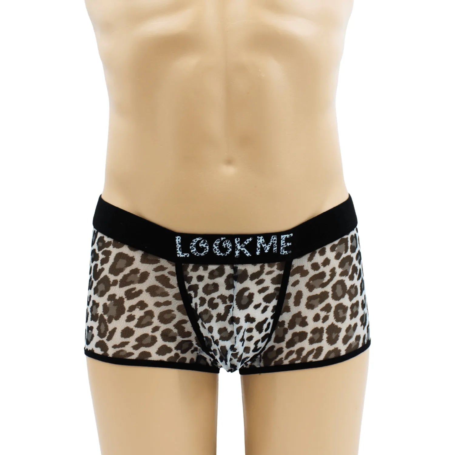 Boxer résille léopard gris transparent, ceinture noire élastique avec inscription, style urbain valorisant.