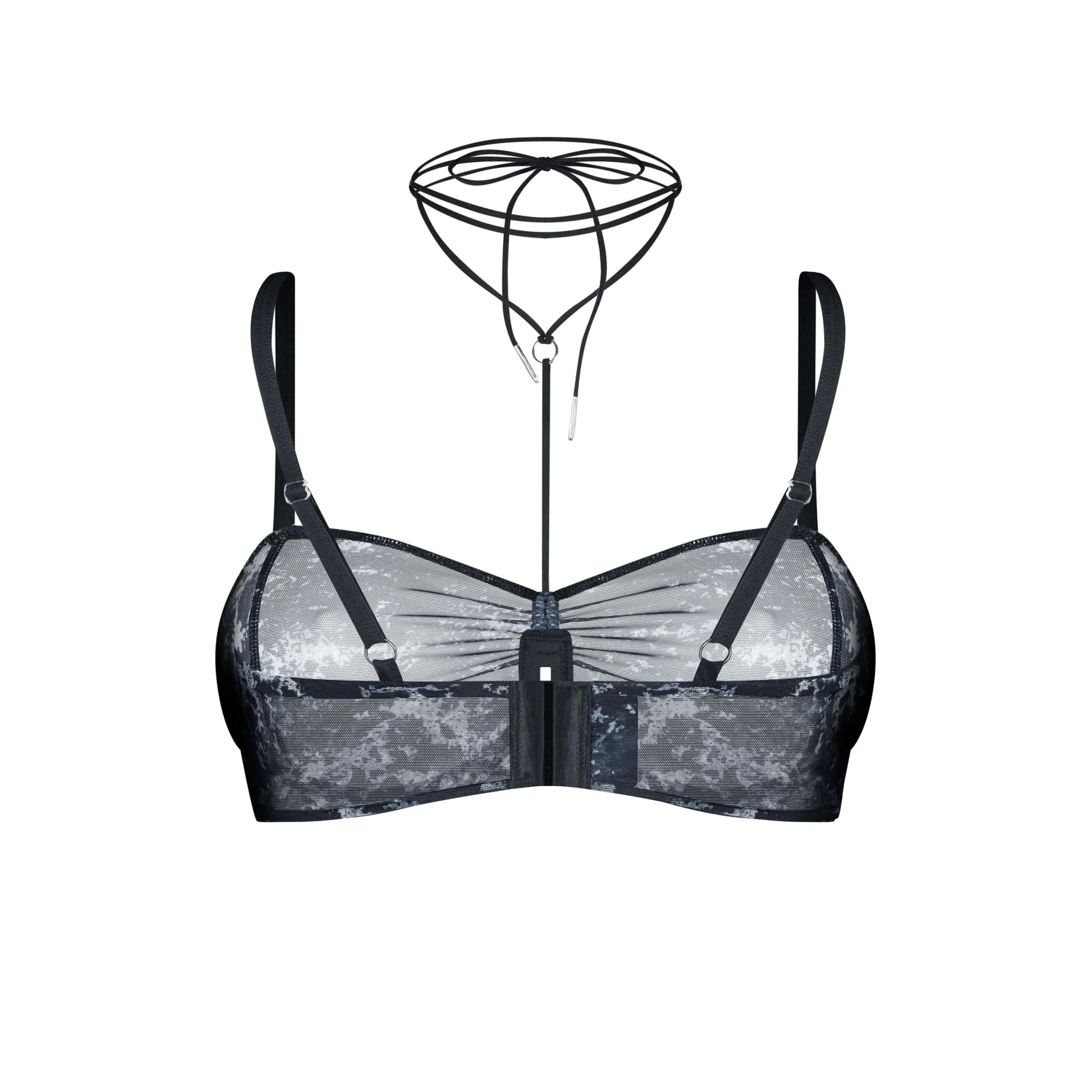 Soutien-gorge Corrosis noir, maille transparente froncée, armatures réglables, motif unique, élégance sensuelle.