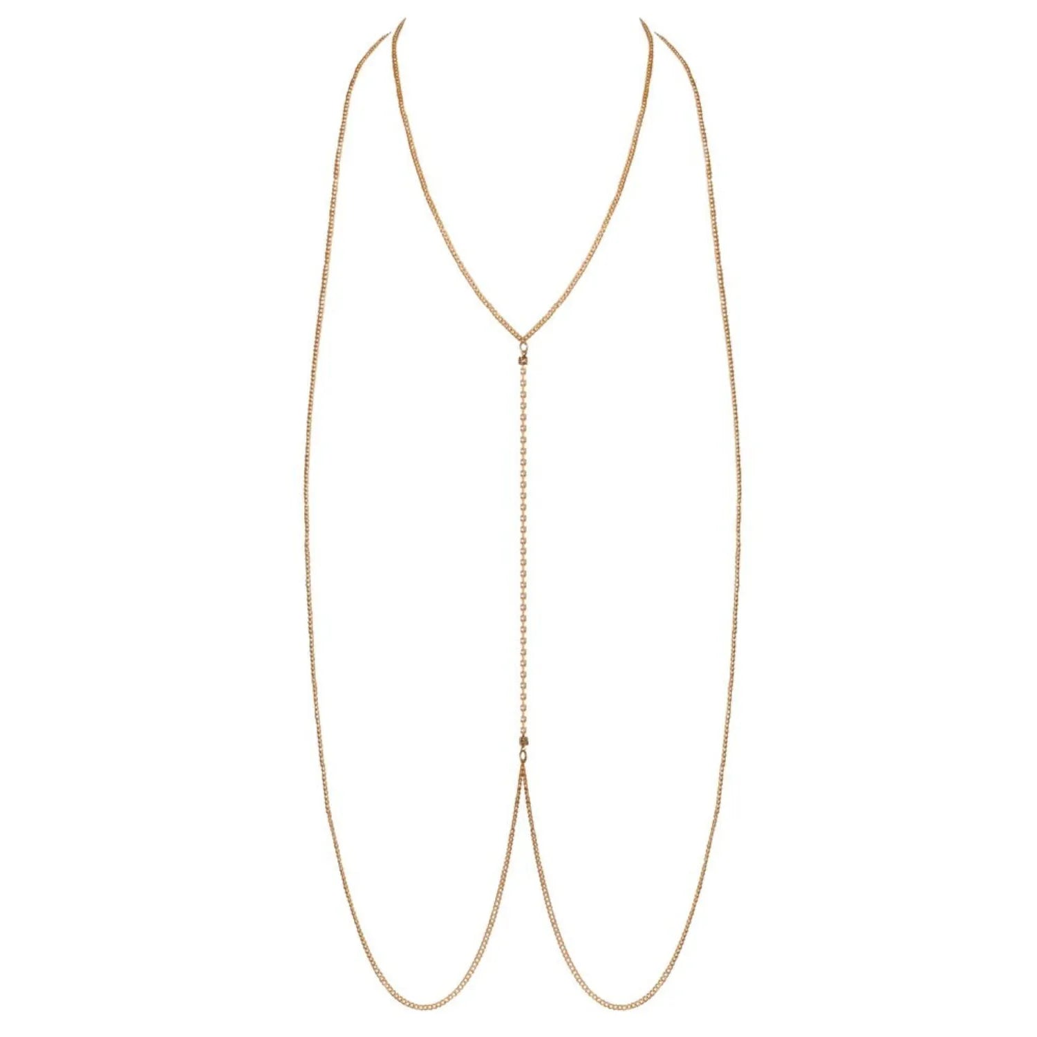 Chaîne de corps dorée élégante avec strass, ajustable, mousqueton, rallonge 15cm, accessoire mode sensuel et raffiné.