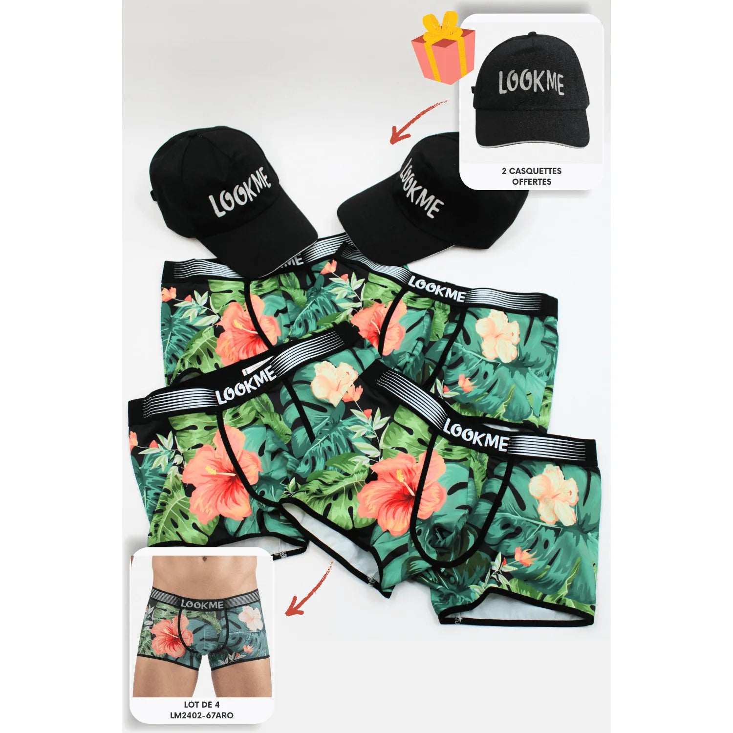 lot quatre boxers polyester élasthanne élastique confortable maintien respirant léger durable résistant casquettes noires offertes assortis moderne sportif quotidien