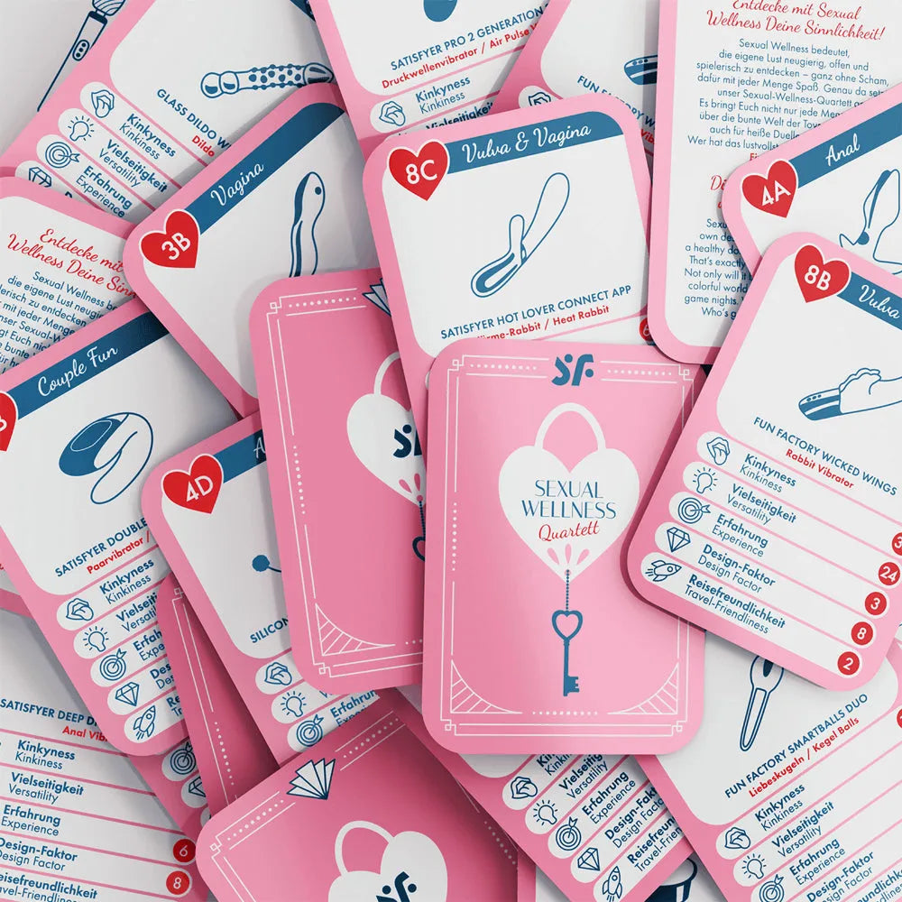 Calendrier de l'Avent Coquin Satisfyer Deluxe 2025 avec cartes roses et blanches, illustrations érotiques et textes explic...