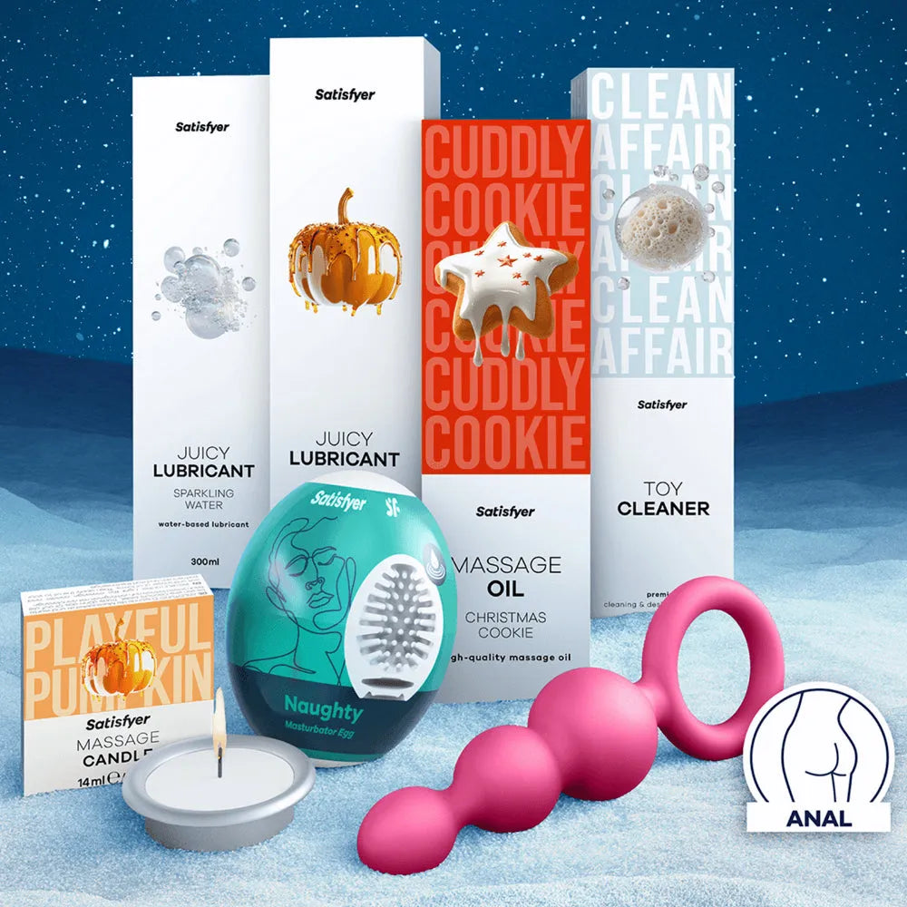 Calendrier de l'Avent Coquin Satisfyer 2025 avec jouets érotiques, lubrifiants, bougie, huile de massage et accessoires.