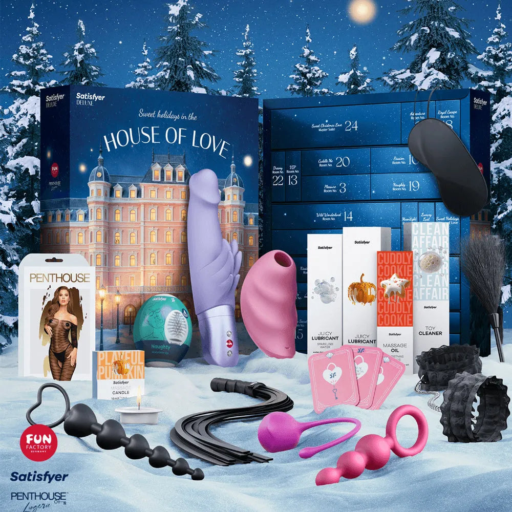 Calendrier de l'Avent Coquin Satisfyer 2025 avec jouets érotiques, huiles, menottes, et accessoires sensuels pour couples.