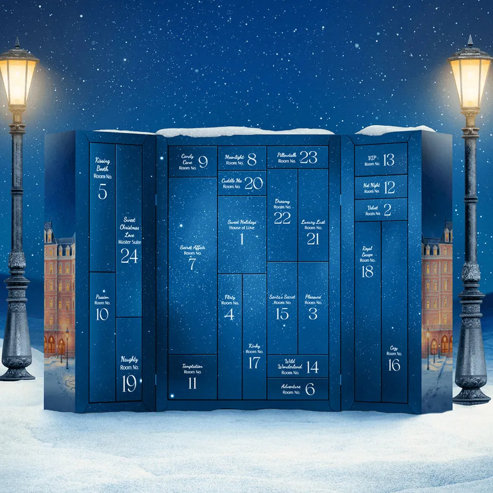 Calendrier de l'Avent Coquin Prestige 2025 bleu, 24 cases numérotées, ambiance festive et luxueuse, pour couples et solo.
