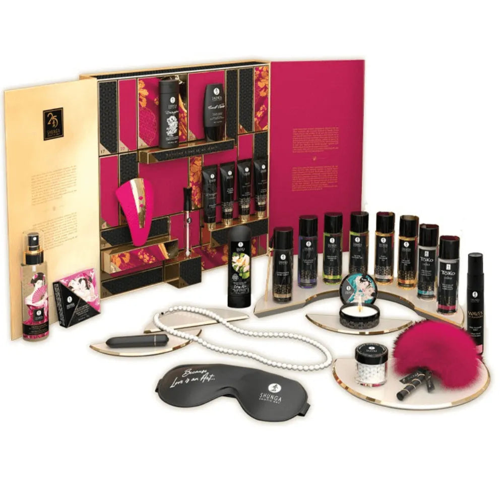 Calendrier de l'avent Shunga 25 ans, coffret or et pourpre, 25 produits bien-être intime, design luxueux et sensuel.