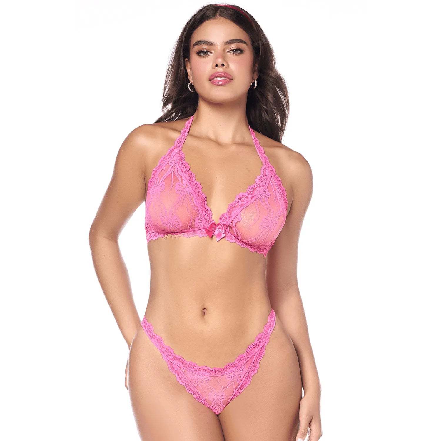 ensemble sexy deux pièces rose vif dentelle florale transparente soutiengorge triangle sans armatures bretelles nouables culotte tanga élastique confortable séduisant