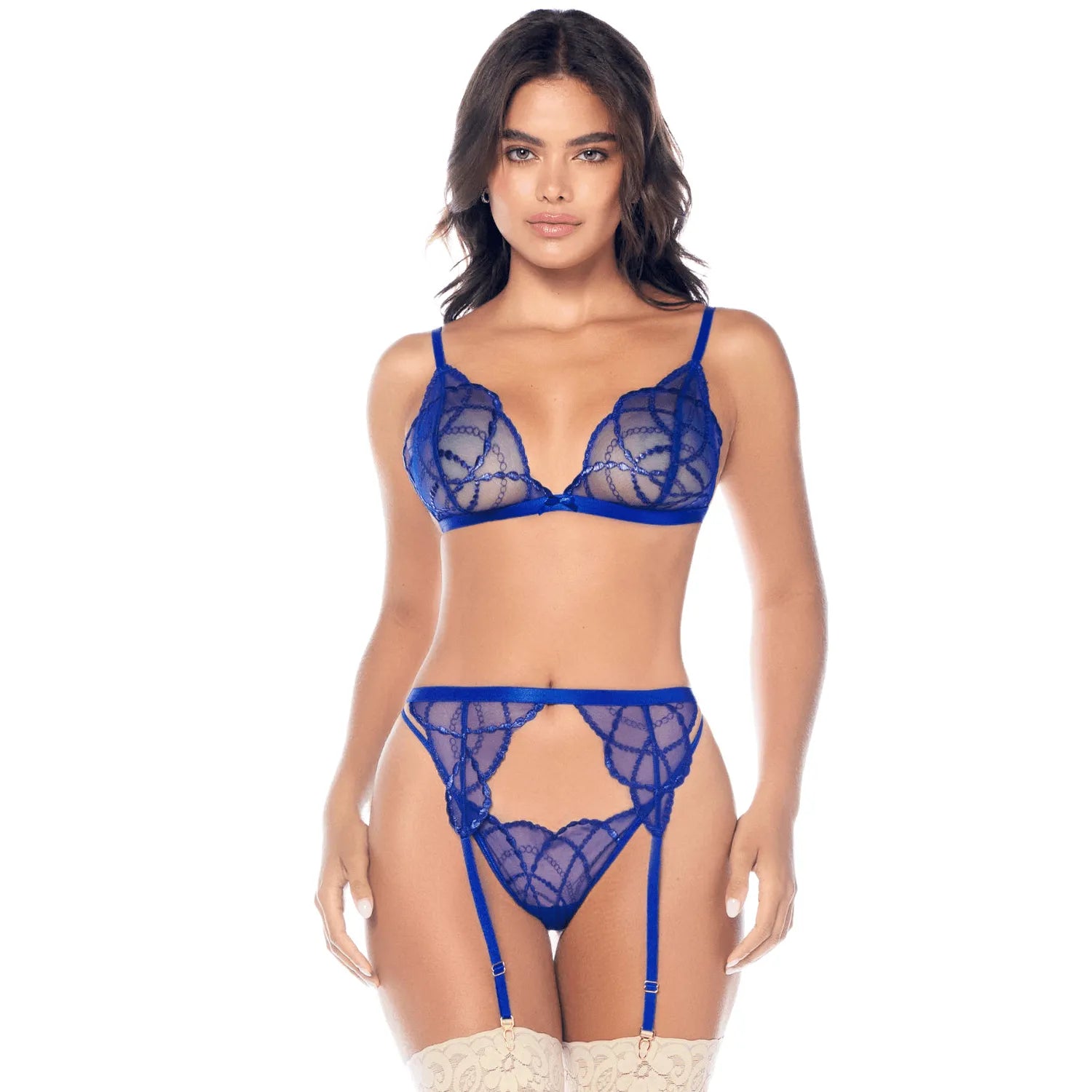 Ensemble sexy 3 pièces dentelle broderie brillante porte-jarretelles Mapalé bleu électrique femmes occasion spéciale日常 wear confort style