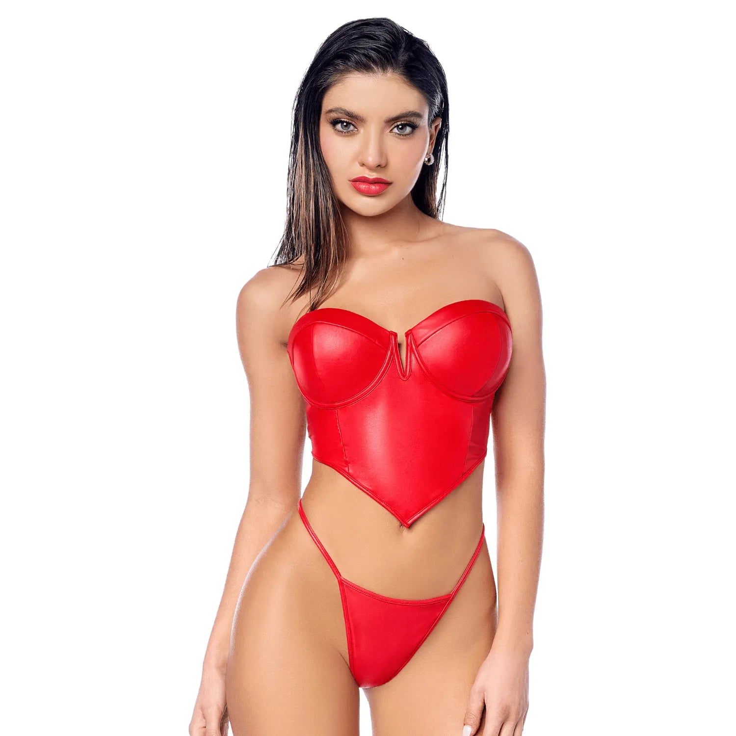 Ensemble sexy similicuir rouge bustier structuré sans bretelles bonnets moulés cœur découpe V string minimaliste lanières fines Mapalé MAL2809RED