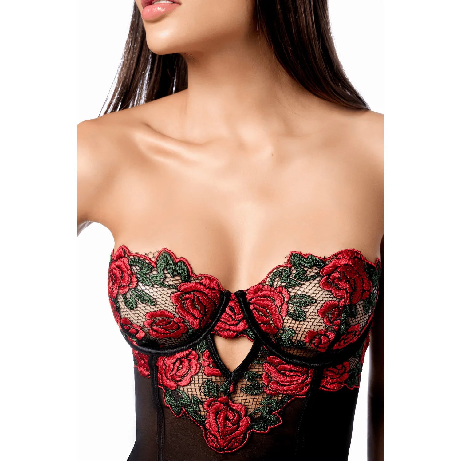 Babydoll noir avec broderie de roses rouges, dos lacé, coupe ajustée, lingerie sensuelle Mapalé.