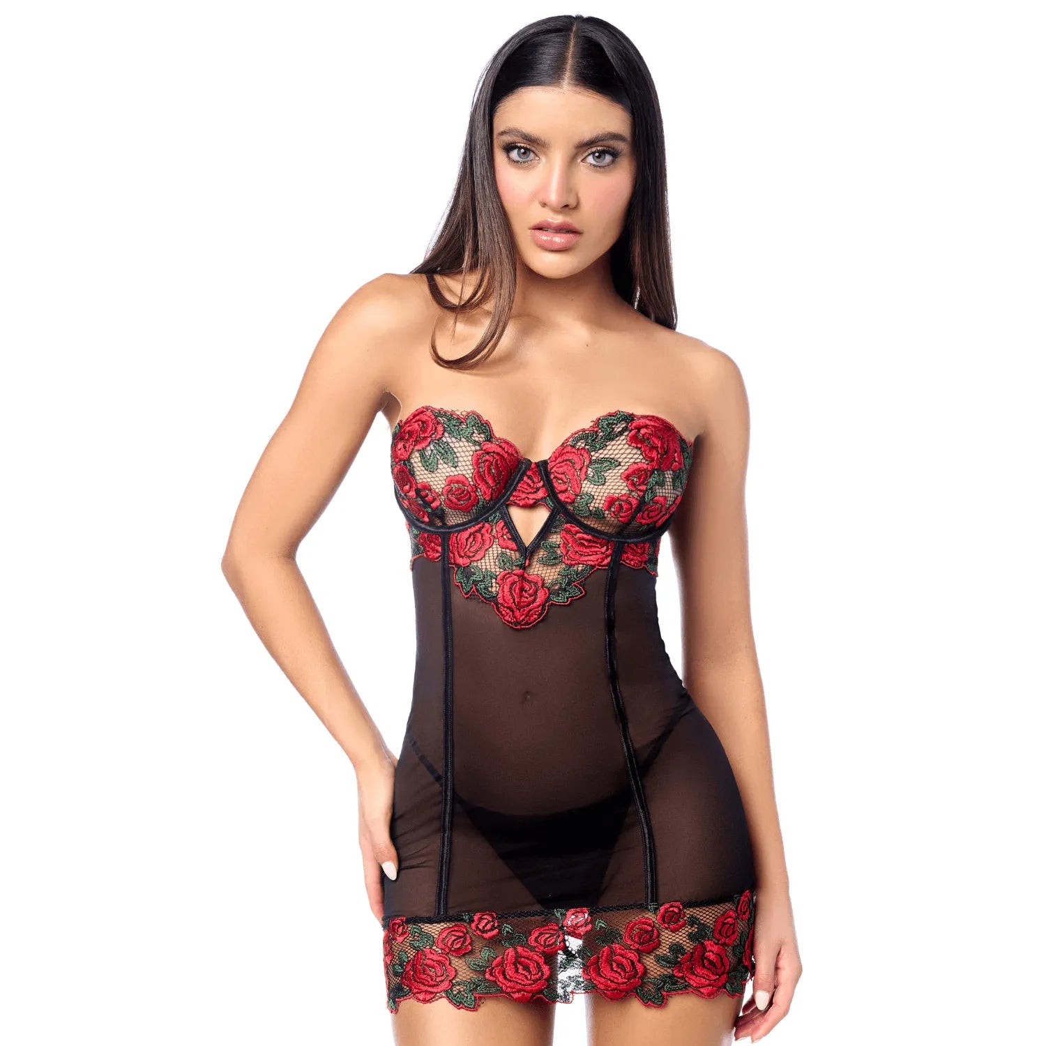 Babydoll sexy Mapalé à broderie de roses et dos lacé transparent mesh taille ajustée charme intemporel lingerie sensuelle