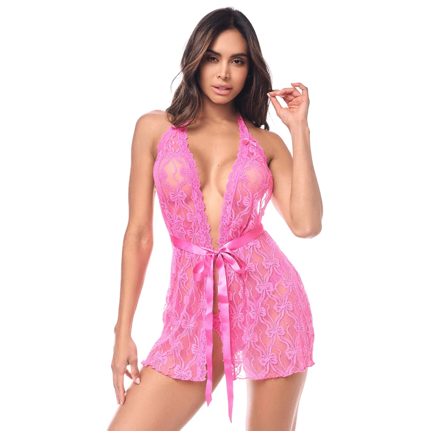 Babydoll sexy décolleté plongeant dentelle rose string assorti Mapalé lingerie féminine nuit occasion intime