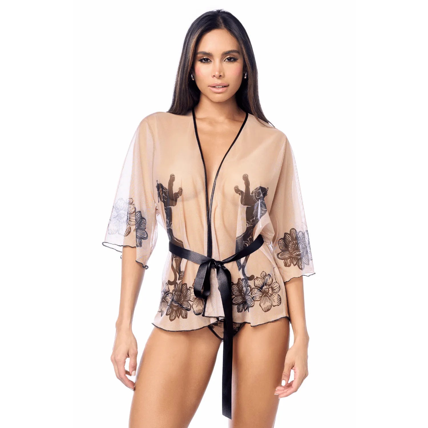 Peignoir sexy en résille transparente floral nude Mapalé avec string assorti lingerie intime élégante ajustement waistband nuits romantiques