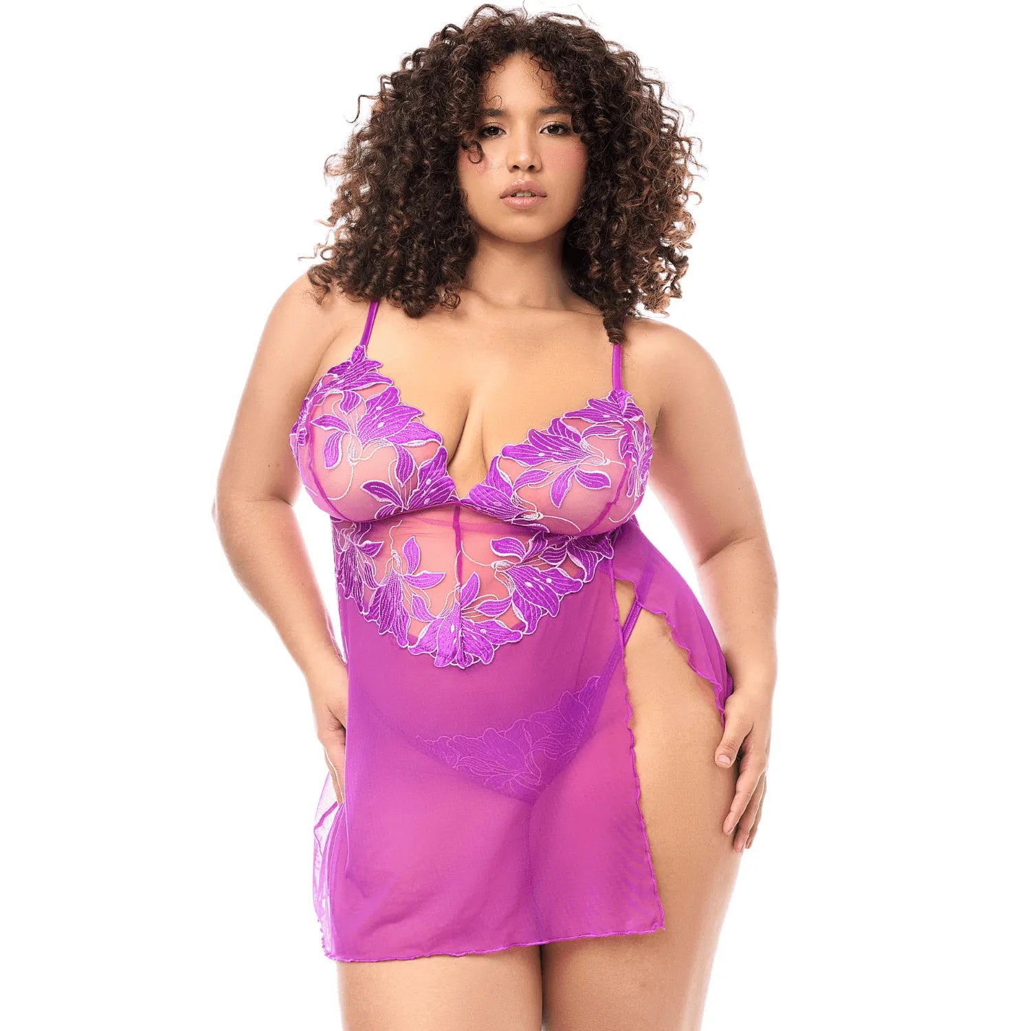 Babydoll grande taille sexy résille transparente broderie florale string Mapalé lingerie féminine élégance sensualité intime
