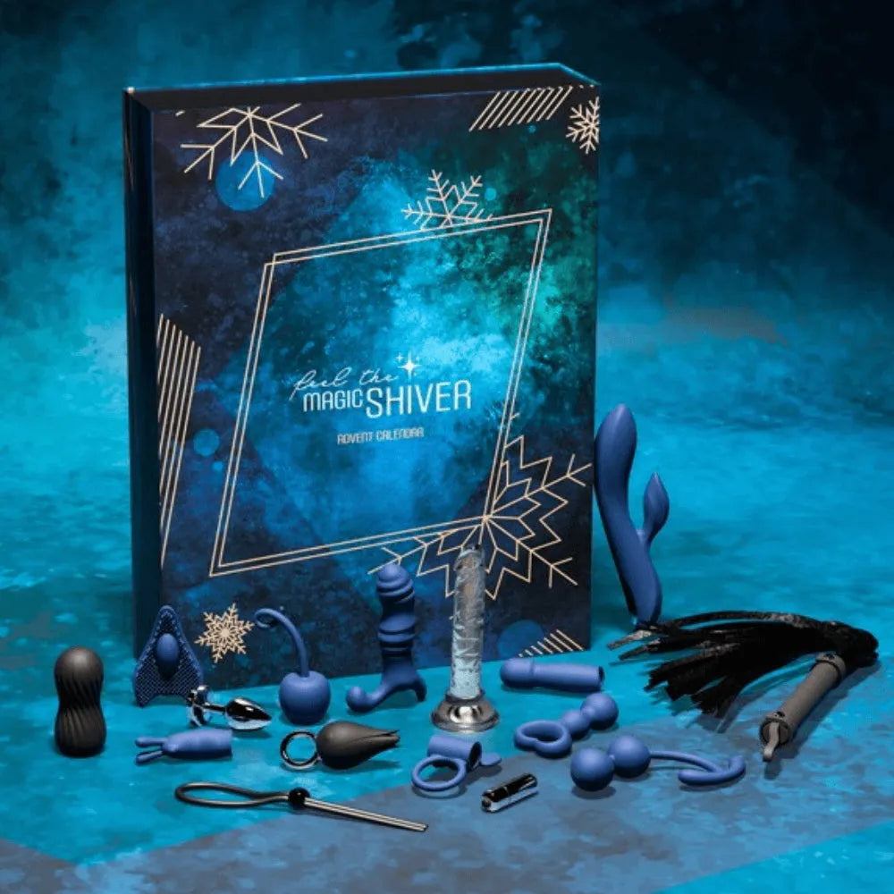 Calendrier de l'Avent érotique bleu avec sextoys et accessoires sensuels, design hivernal élégant, 24 surprises.