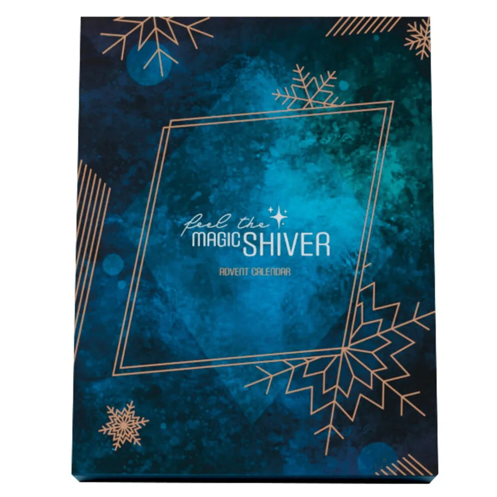 Calendrier de l'Avent Sensuel Magic Shiver, design bleu et doré, 24 surprises érotiques, coffret cadeau élégant.
