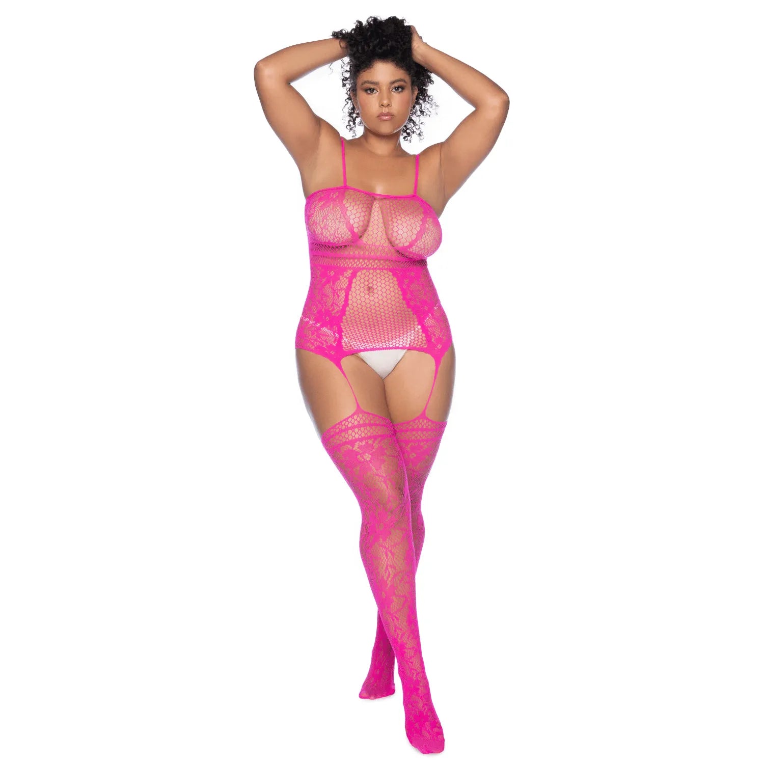 Combinaison érotique grande taille rose en dentelle florale, bretelles fines, effets porte-jarretelles, ouvertures stratég...