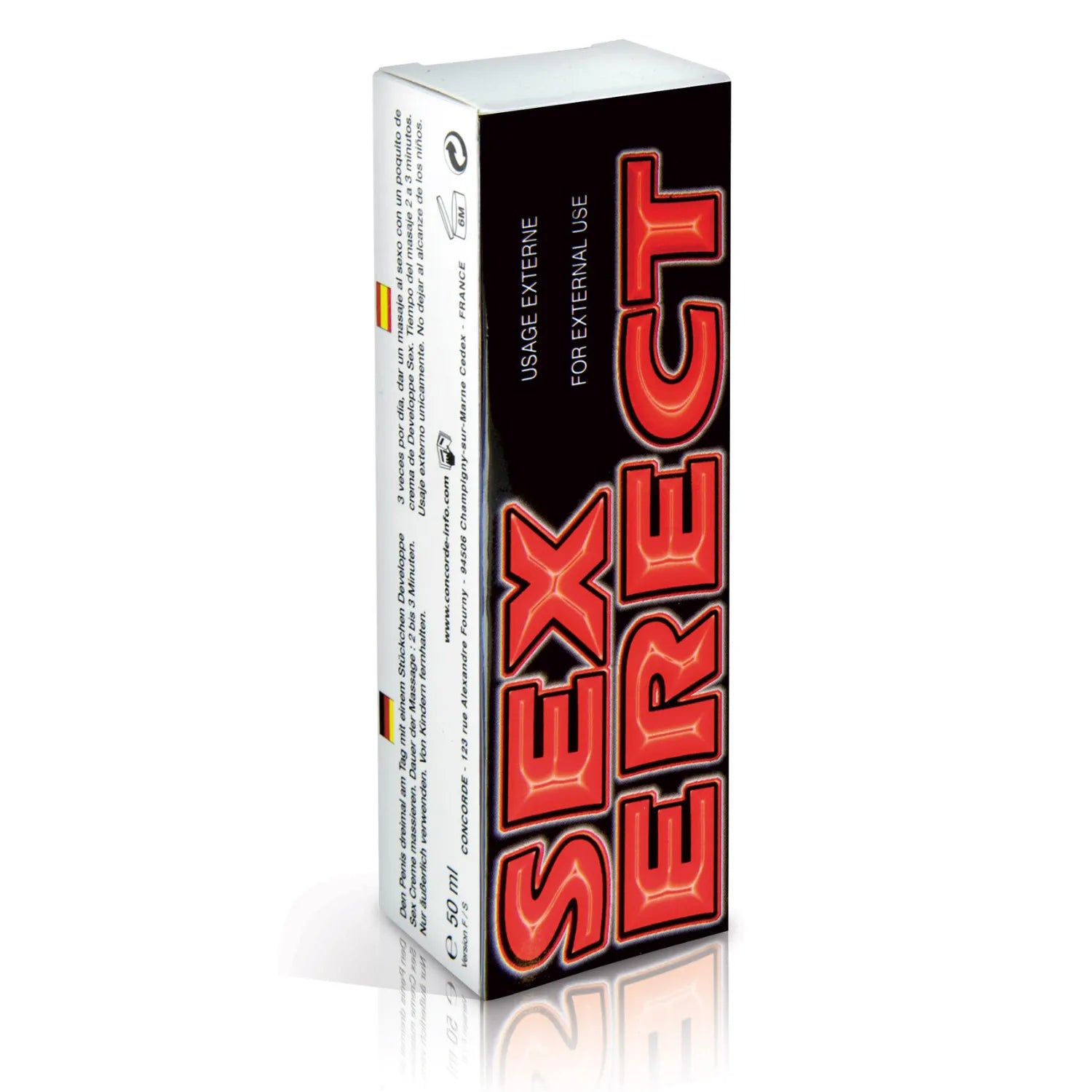 Crème stimulante intime pour homme, emballage noir et rouge, texte Sex Erect, fabriqué en France, 50 ml.