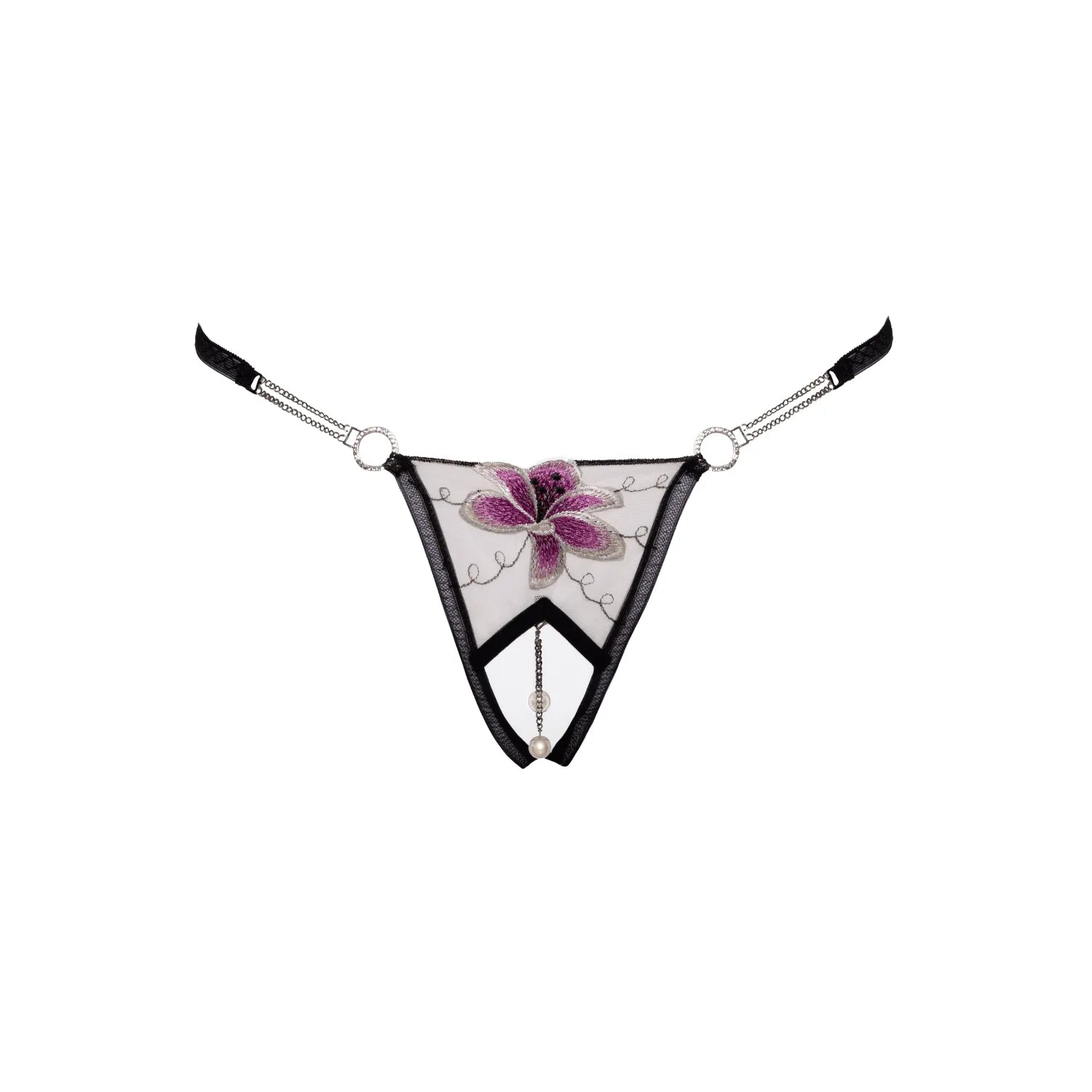 String ouvert sensuel tulle brodé perles chaînes amovibles confort ajusté