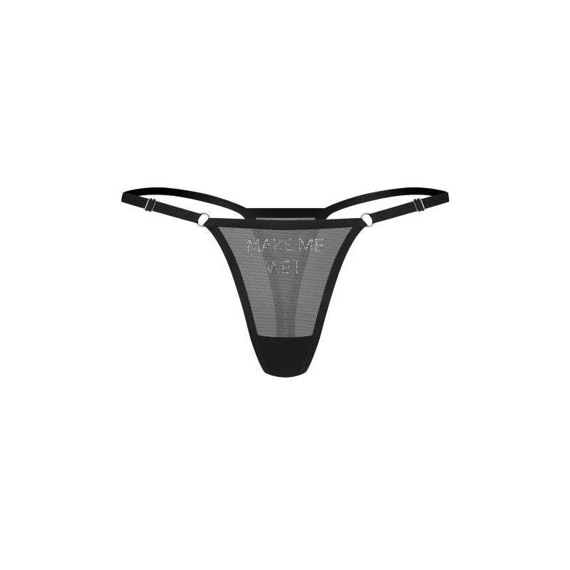 String noir Violami Make me wet avec strass réglable en mesh transparent
