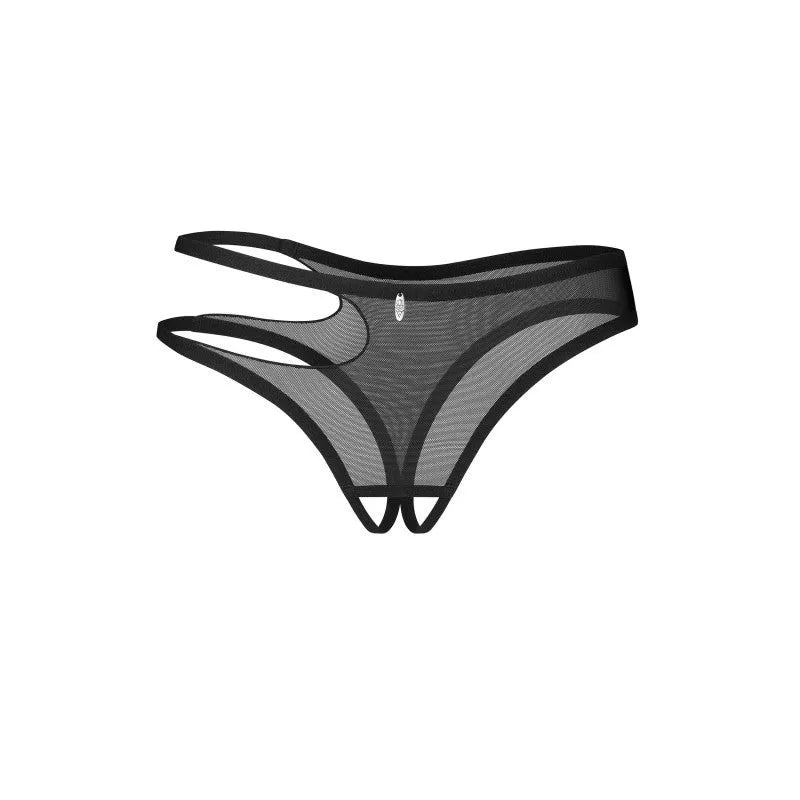 String noir ouvert maille transparente asymétrique charme argenté sangle hanche droite