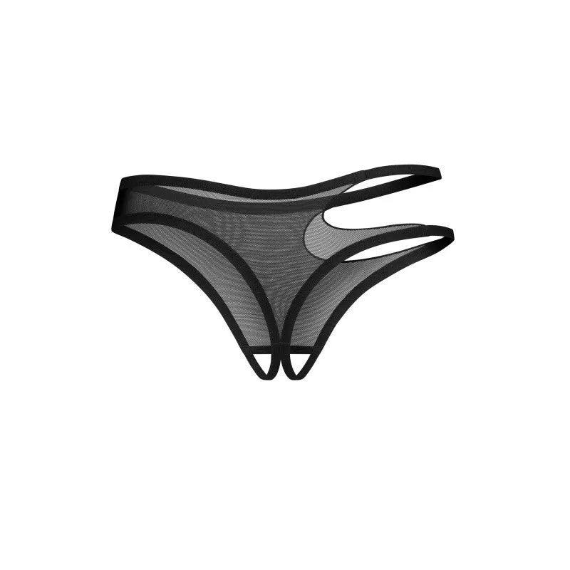 String noir ouvert maille transparente asymétrique charme argenté sangle hanche droite