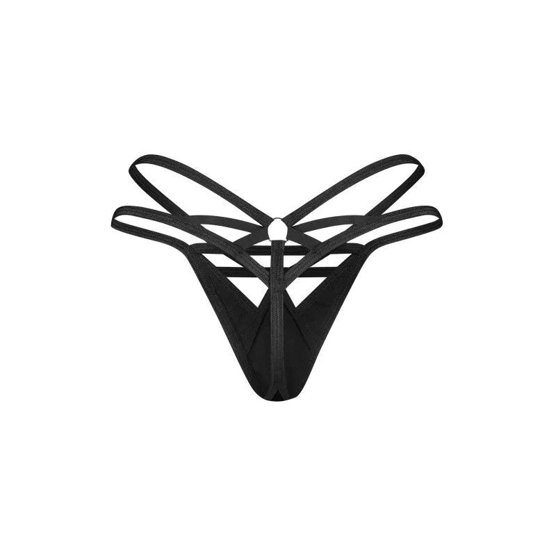 Keira Lise string noir sexy effet latex lanières métal hanches séduisantes