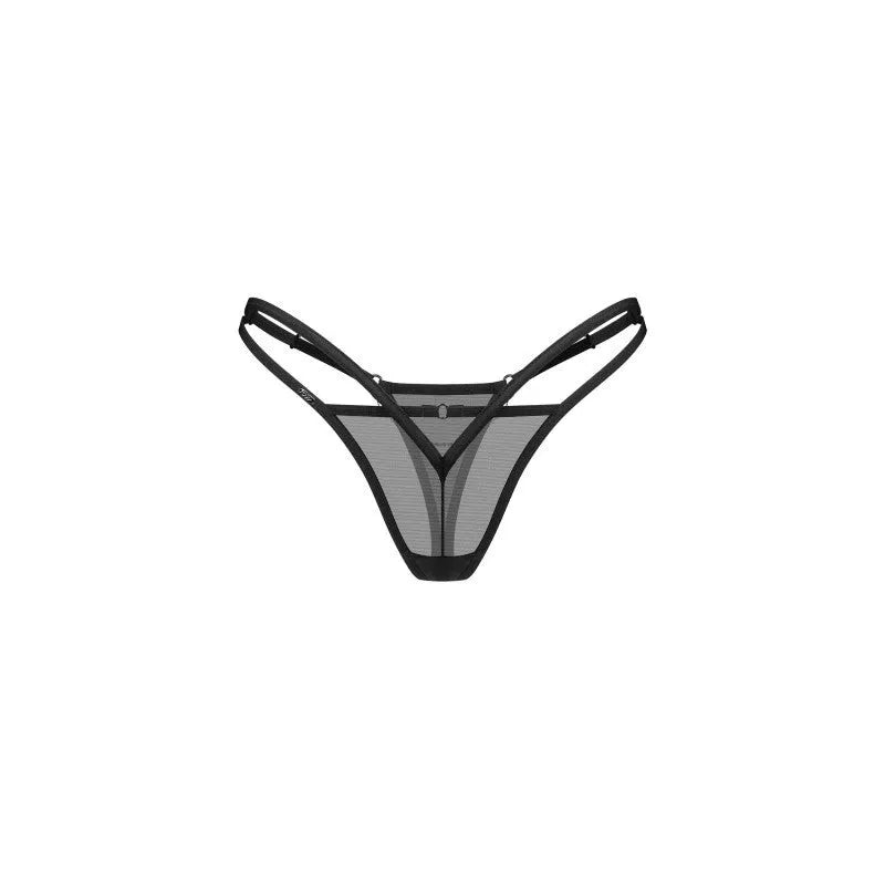 Sibilie string noir profond maille élastique découpe géométrique chaîne décorative ajustable