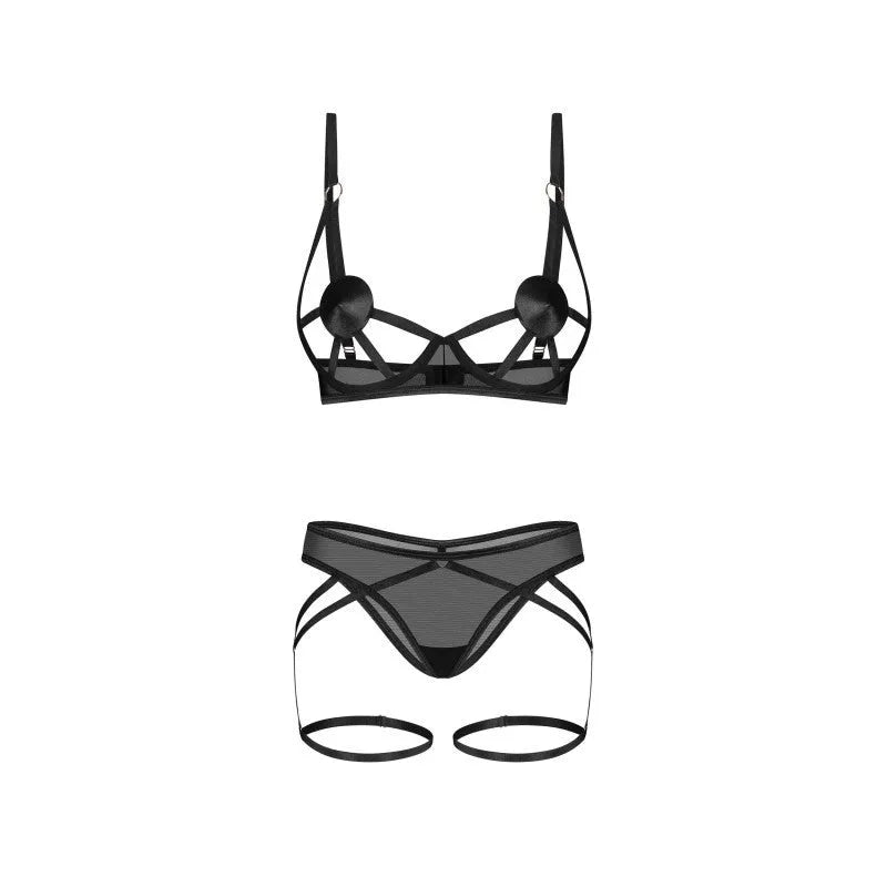 Ensemble lingerie noir avec détails or rose, motifs géométriques et lanières, design audacieux et élégant.