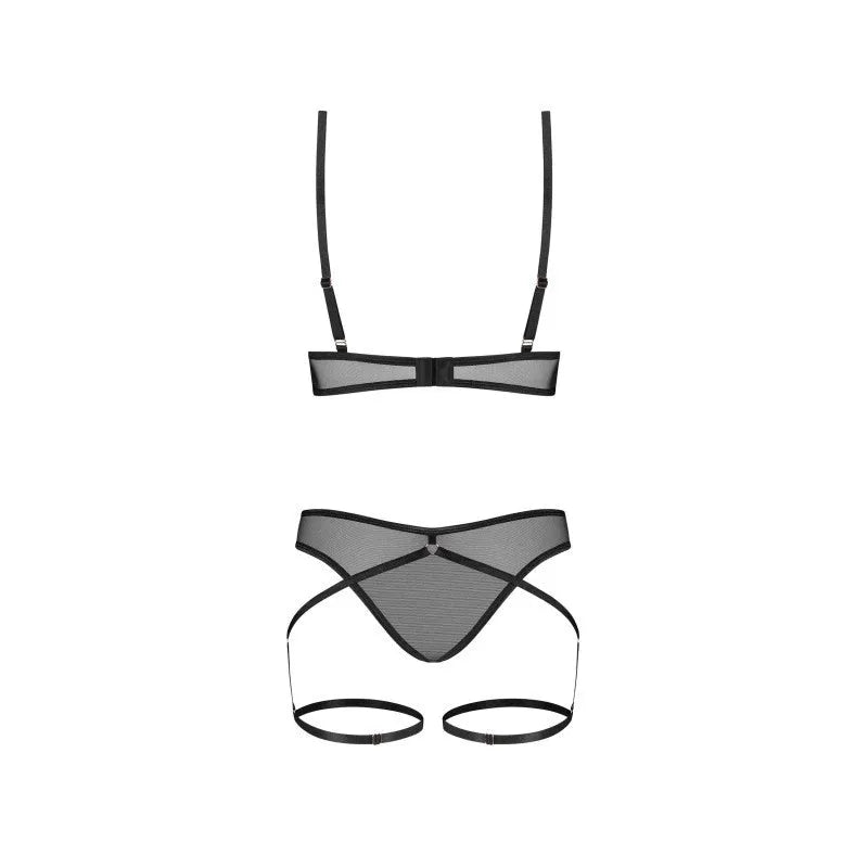 Ensemble lingerie noir avec détails or rose, motifs géométriques et lanières, design audacieux et élégant.
