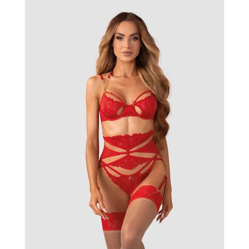 Ensemble lingerie dentelle rouge avec chaîne dorée, soutien-gorge et string ouvert, élégant et sensuel.