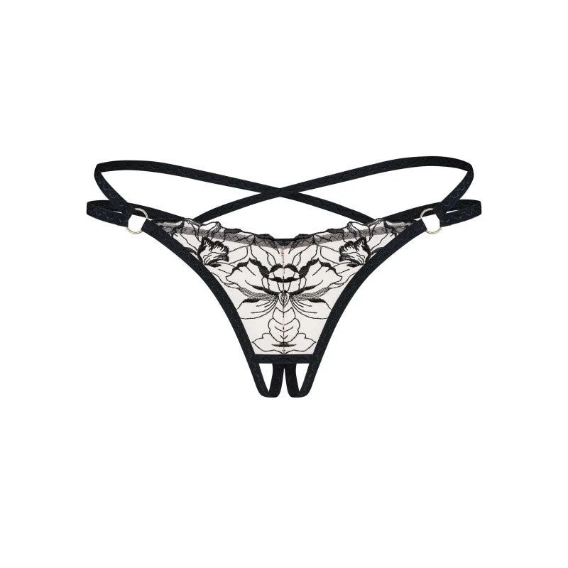 String ouvert noir motif floral brodé sensuelle femme sans nickel