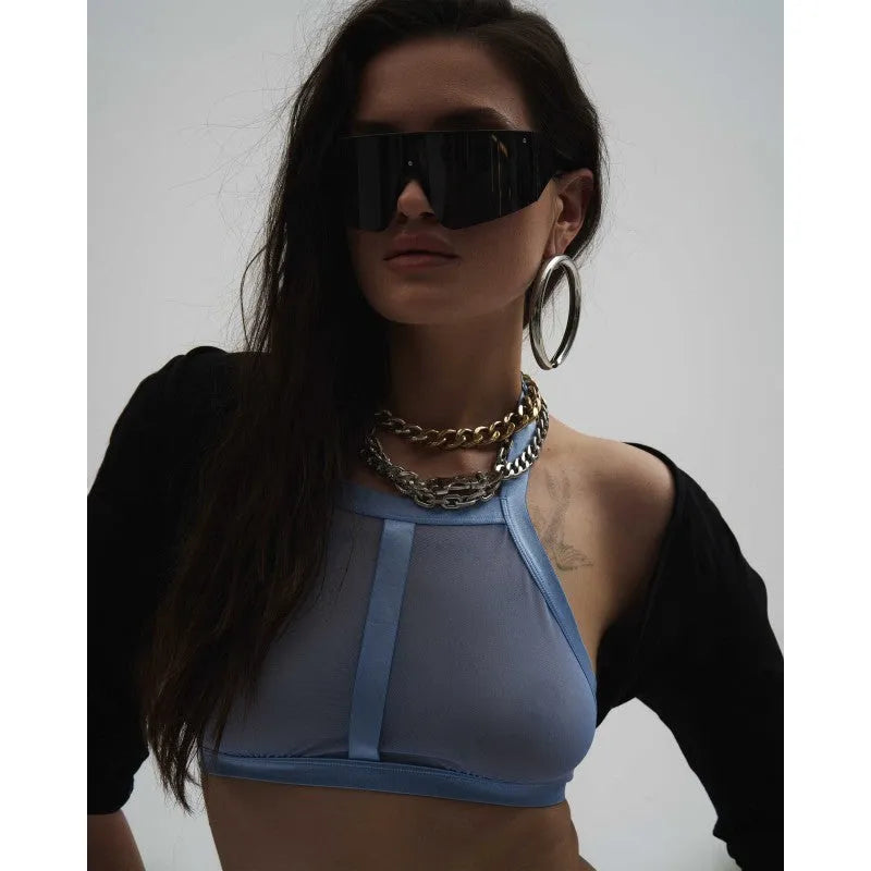 Shaderi lingerie bleue haut de gamme top string dos nu réglable asymétrique
