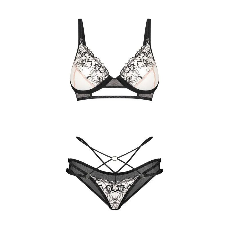 Ensemble lingerie noir motif floral brodé, soutien-gorge et culotte en tulle, design élégant et raffiné.
