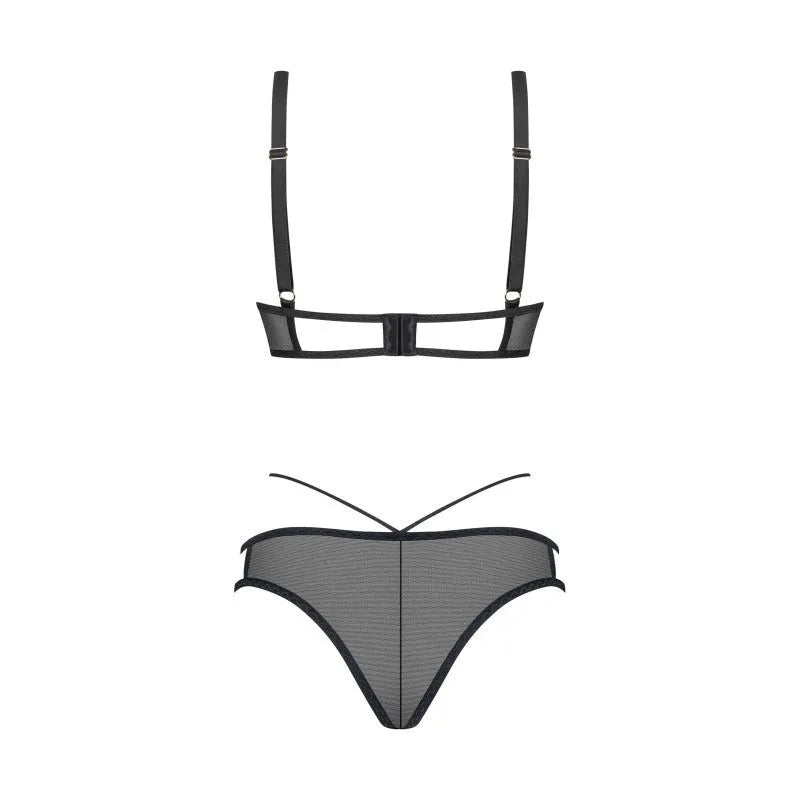 Ensemble lingerie noir motif floral brodé tulle, soutien-gorge et culotte, élégance et confort, design raffiné.